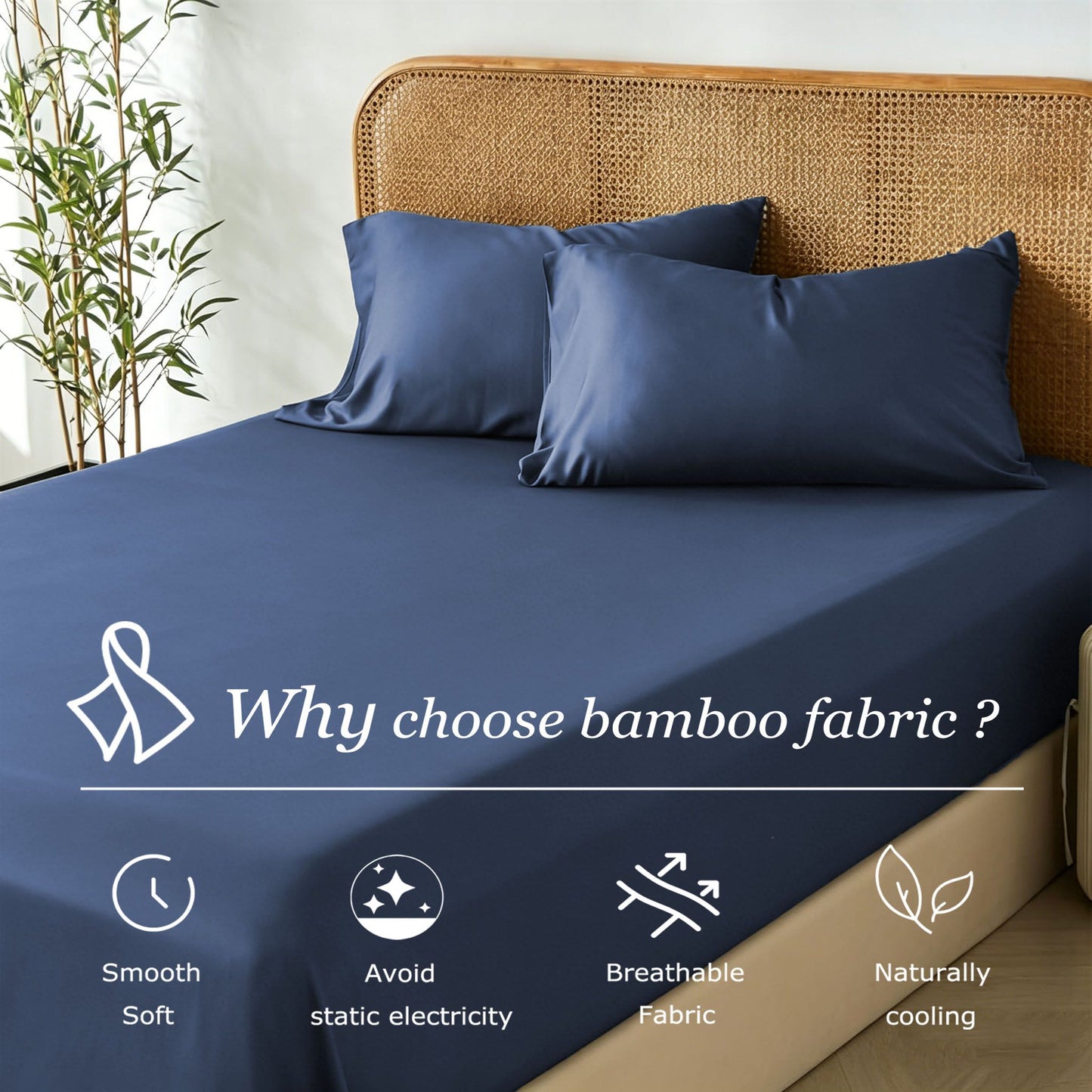2 Piece Hotel Bamboo Cooling Fitted Sheet Set & Pillowcase -Ultra Soft 2000TC Breathable Fitted Bed Sheets Set with 37 Centimetre Deep Pocket-Cooling Sheets for Hot Sleepers(Navy,King Single)