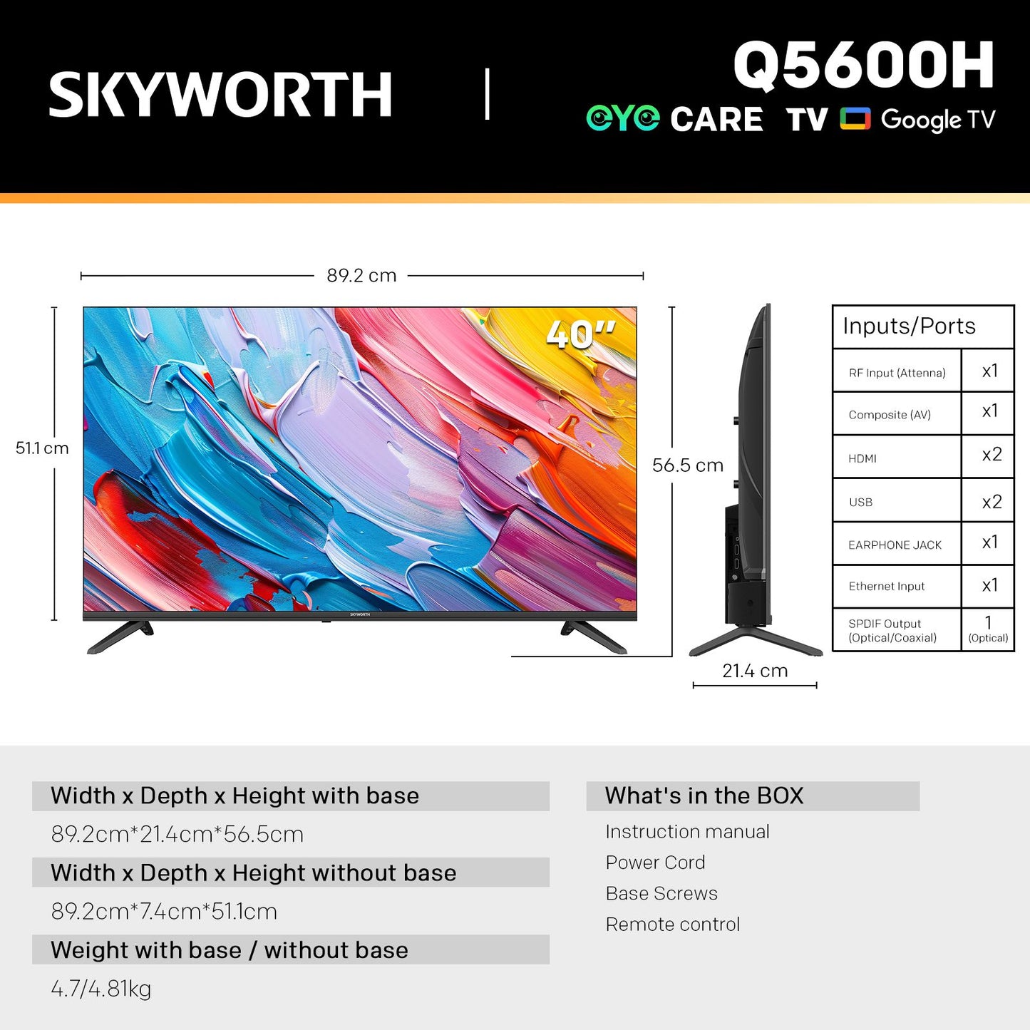 SKYWORTH Q5600H 40''-QLED+ Smart Google TV, FHD, HDR10 HLG, Find-My Remote, Dolby Audio, Screen Casting, Bezel Less Design, Voice Control