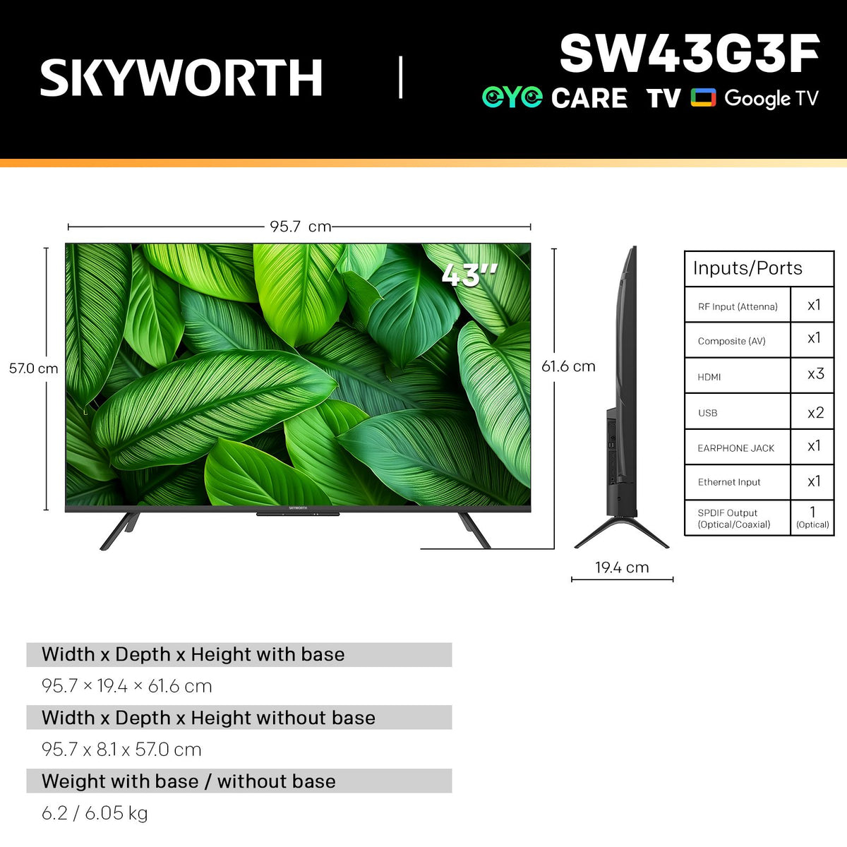 SKYWORTH G3F 43" 4K UHD Smart Google TV with HDR 10,Voice Control,Screen Cast,HDMI 2.1,MEMC, AI Engine,Eye Care featrues,Low Blue Light,DBX-tv Audio,Text Scaling,Smart Features,Energy-Saving