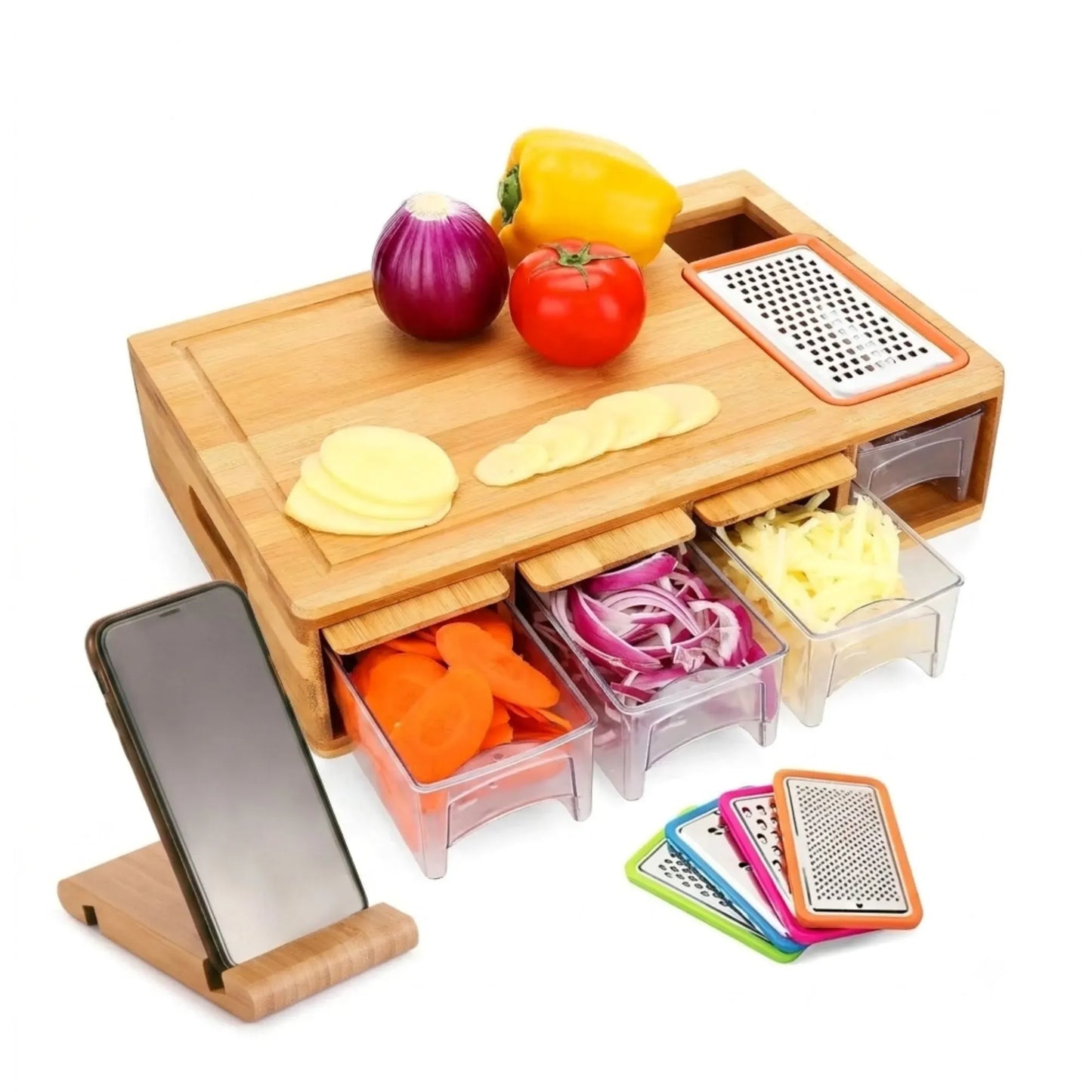 Large Bamboo Cutting Board and 4 Containers with Mobile Holder gift included for Home Kitchen