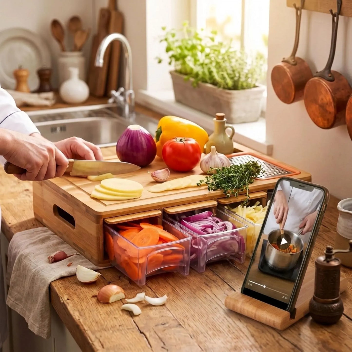 Large Bamboo Cutting Board and 4 Containers with Mobile Holder gift included for Home Kitchen