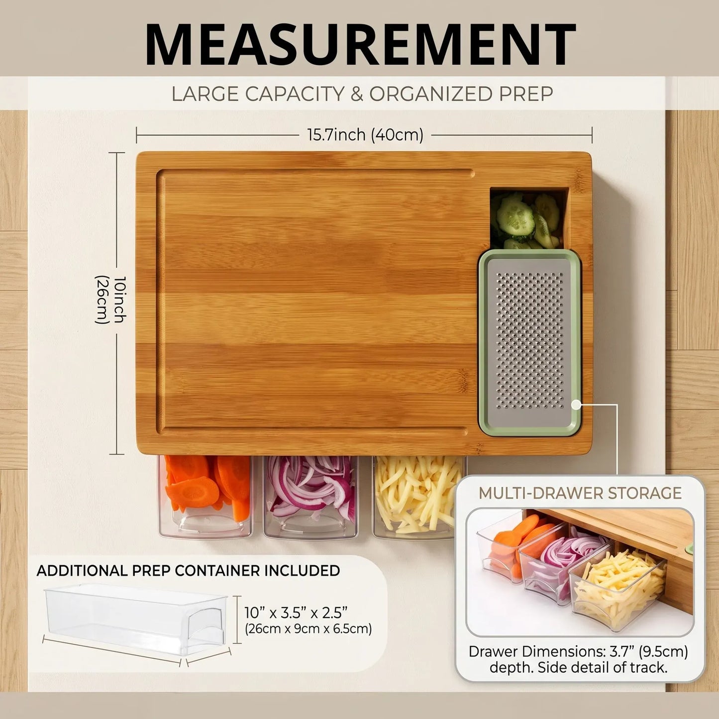 Large Bamboo Cutting Board and 4 Containers with Mobile Holder gift included for Home Kitchen