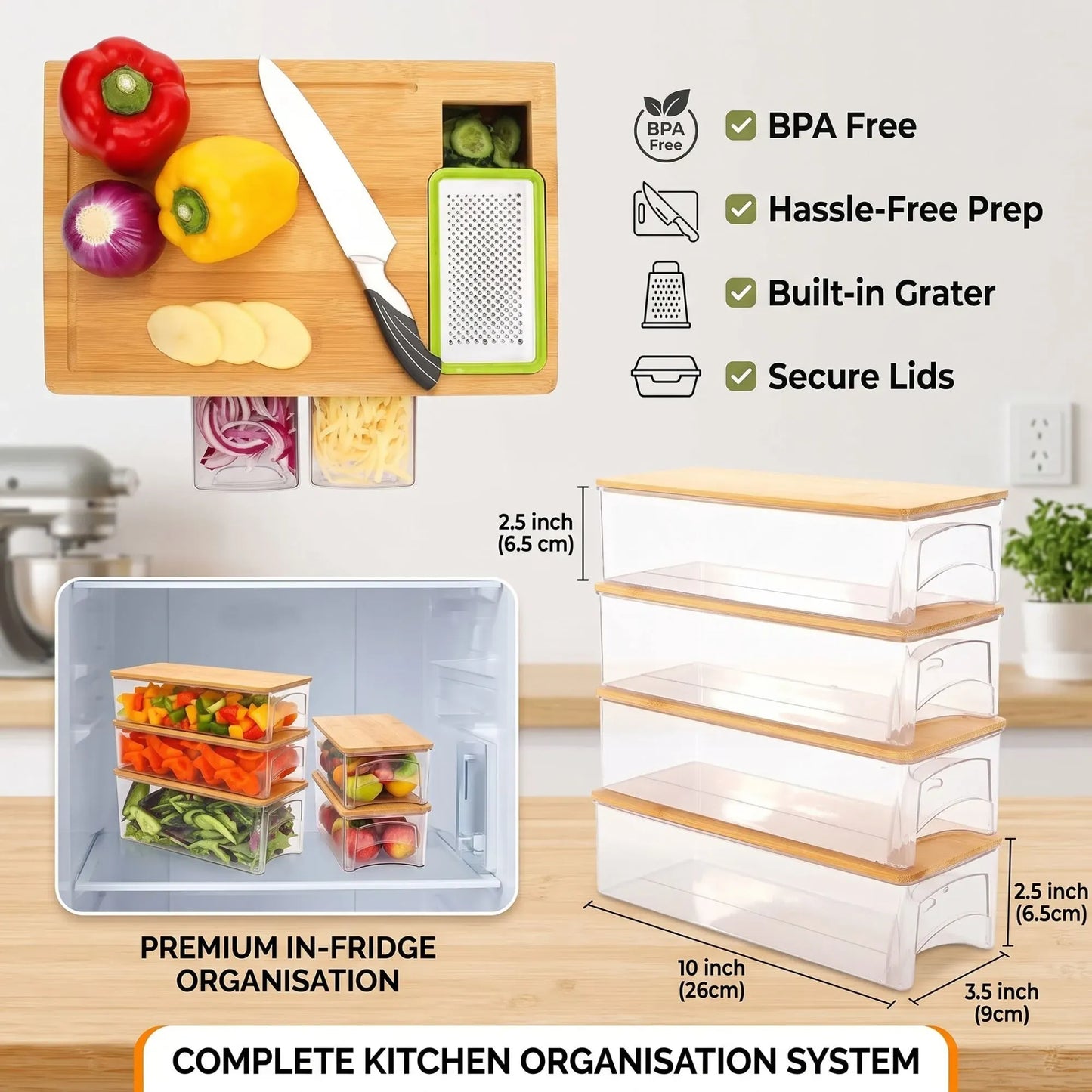 Large Bamboo Cutting Board and 4 Containers with Mobile Holder gift included for Home Kitchen