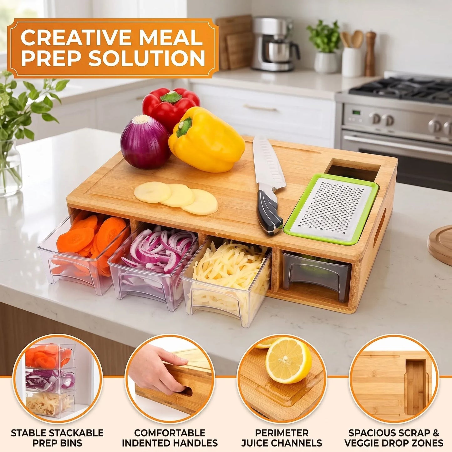 Large Bamboo Cutting Board and 4 Containers with Mobile Holder gift included for Home Kitchen