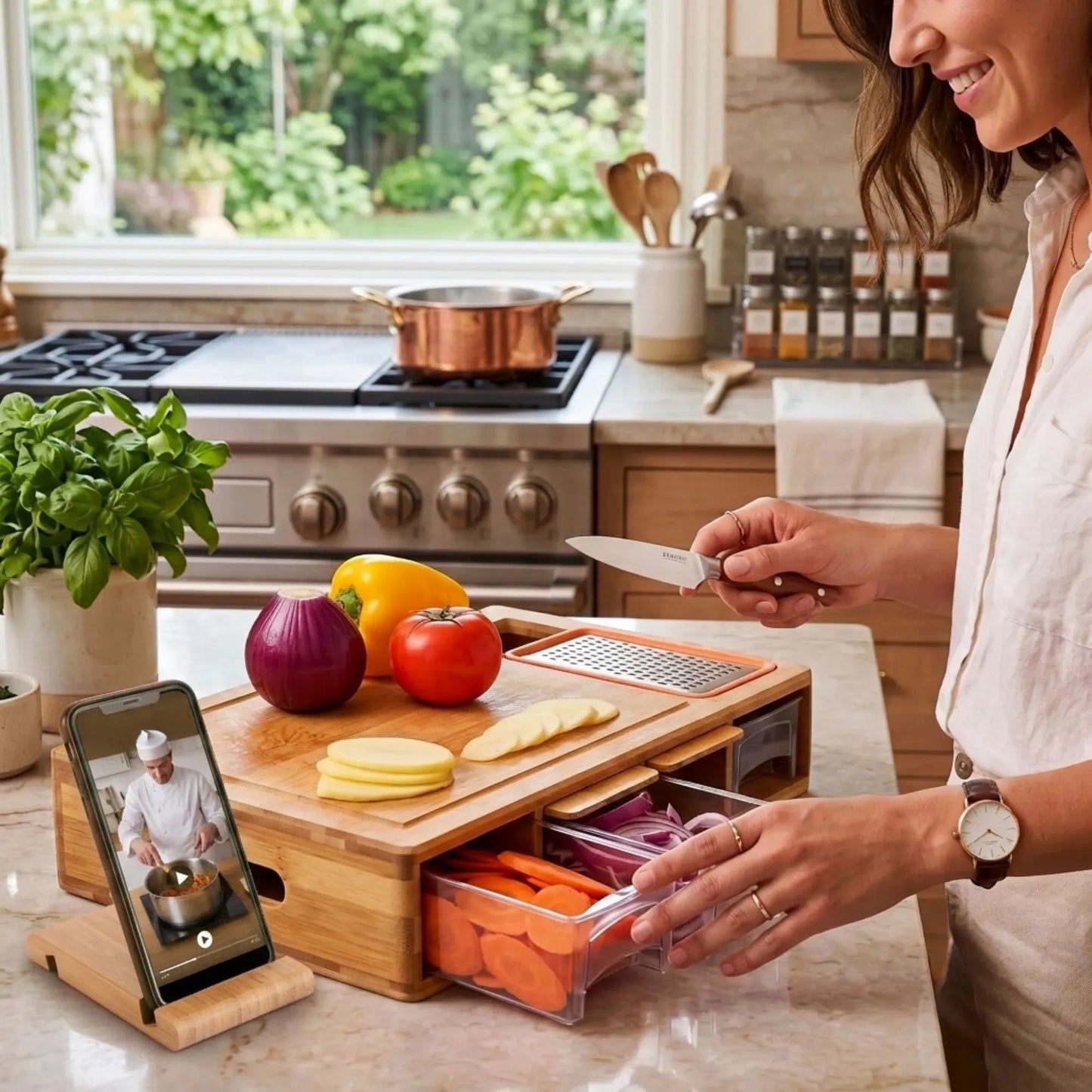 Large Bamboo Cutting Board and 4 Containers with Mobile Holder gift included for Home Kitchen