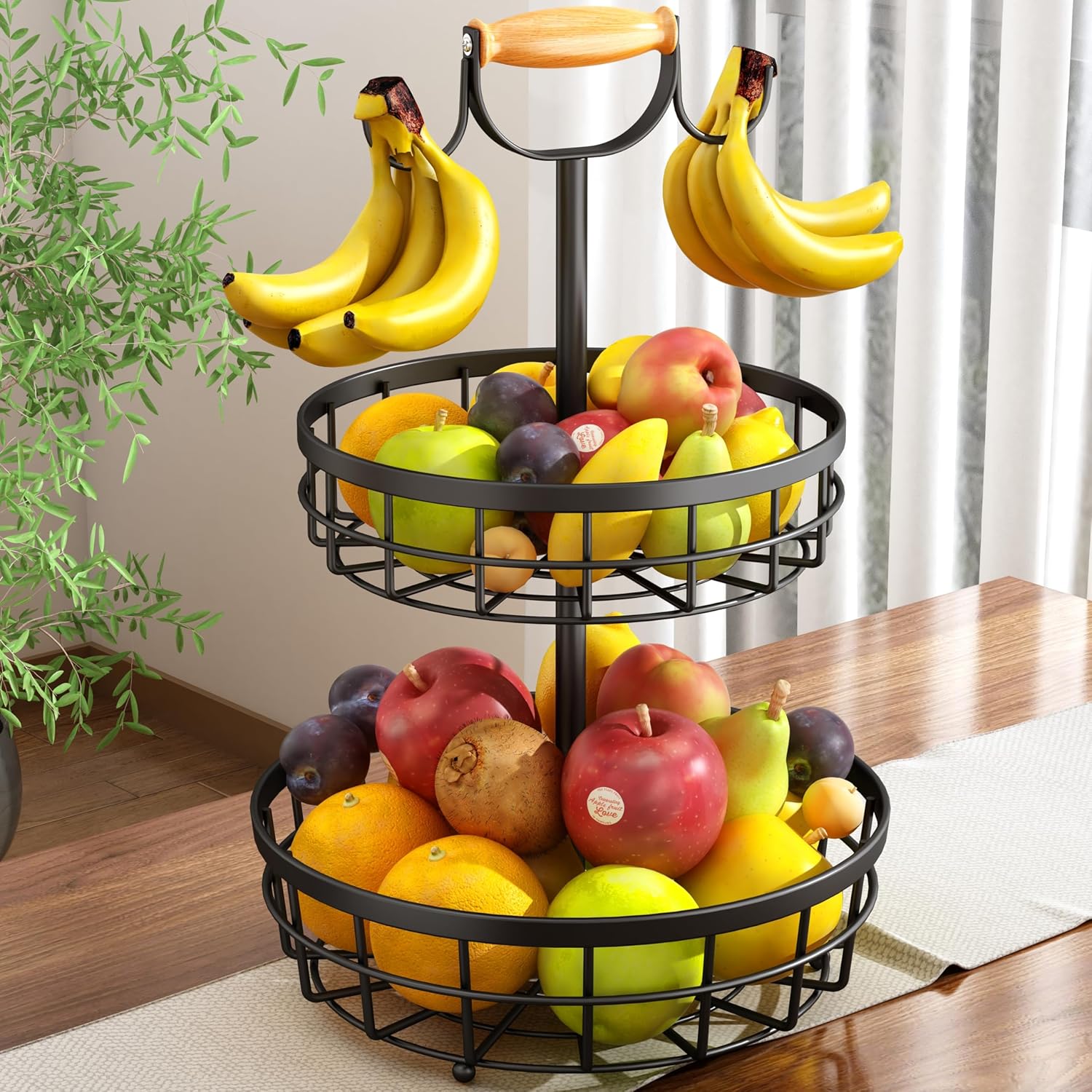 2-tier-fruit-basket-bowl-storage-with-wood-lift-handle-and-dual-banana-tree-hanger-for-kitchen-countertop at www.mallsonline.com.au