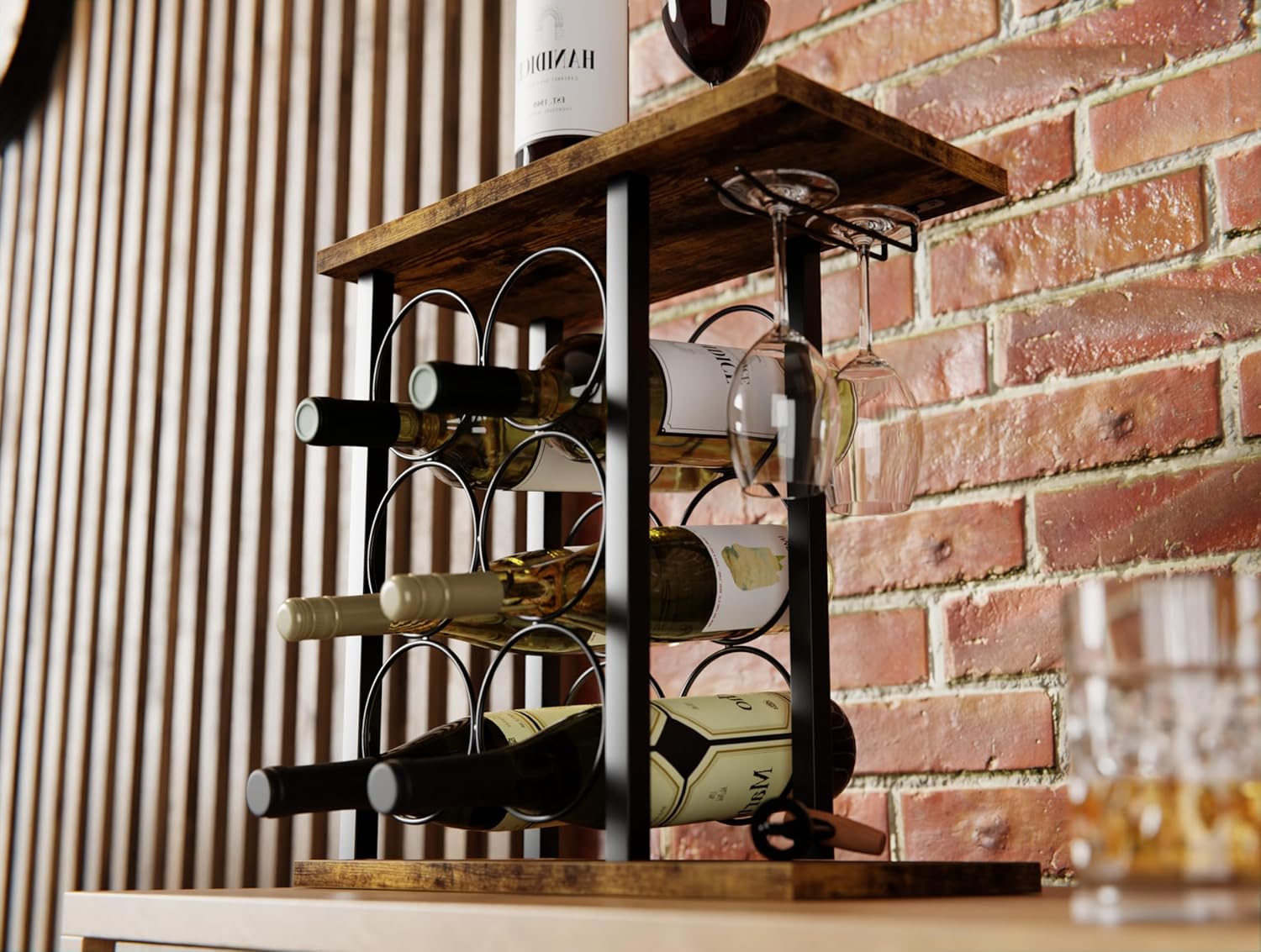 wine-rack-countertop-wooden-metal-holder-for-6-bottles-2-glasses at www.mallsonline.com.au