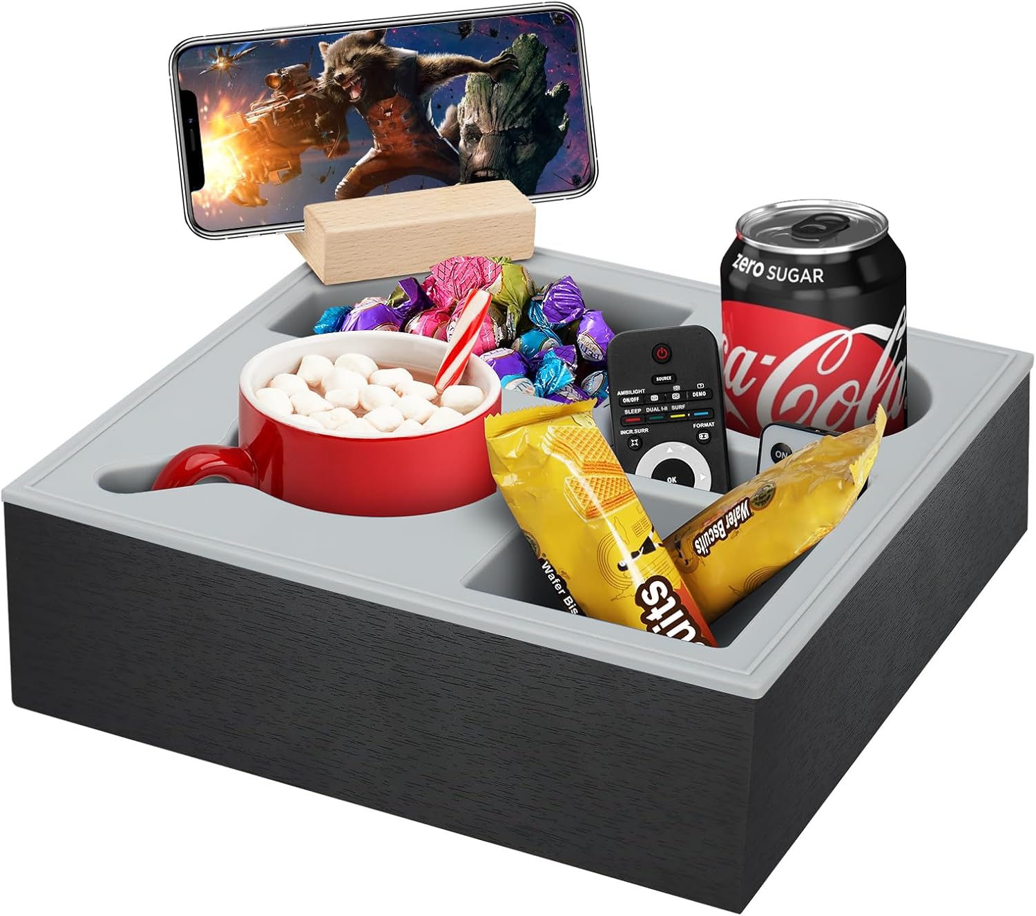 wooden-couch-cup-holder-tray-with-soft-silicone-rotatable-phone-holder-for-storaging-drinks-snacks at www.mallsonline.com.au