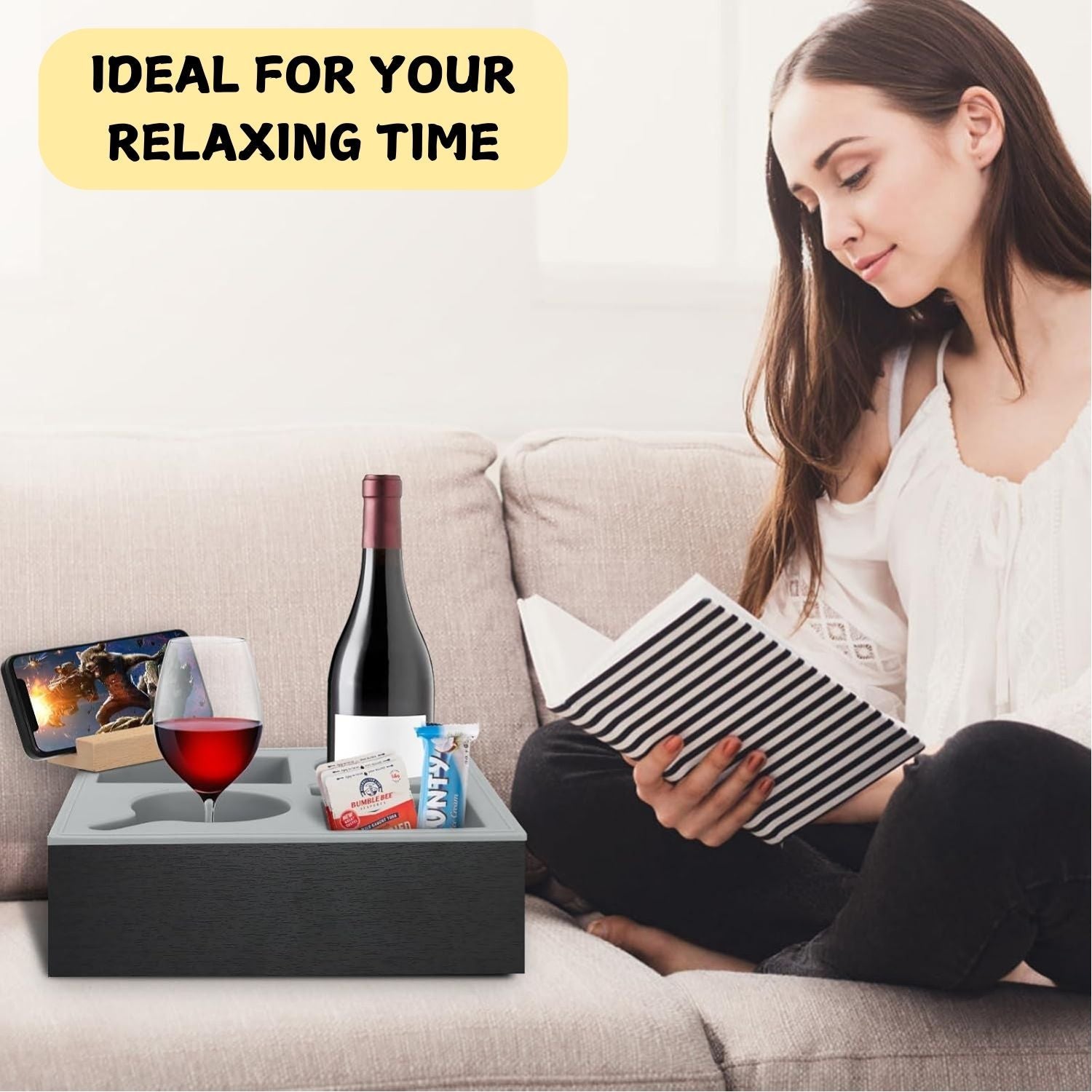 wooden-couch-cup-holder-tray-with-soft-silicone-rotatable-phone-holder-for-storaging-drinks-snacks at www.mallsonline.com.au