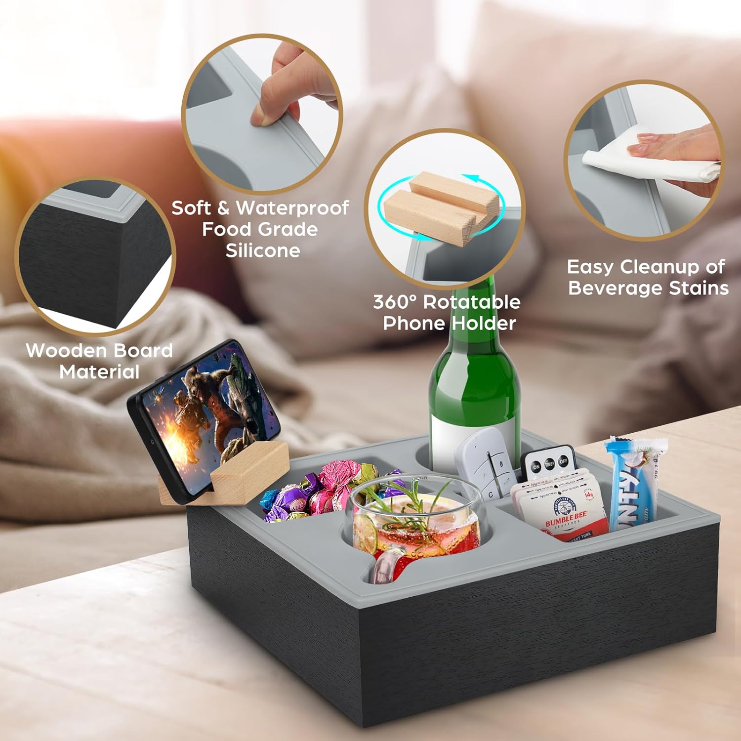 wooden-couch-cup-holder-tray-with-soft-silicone-rotatable-phone-holder-for-storaging-drinks-snacks at www.mallsonline.com.au