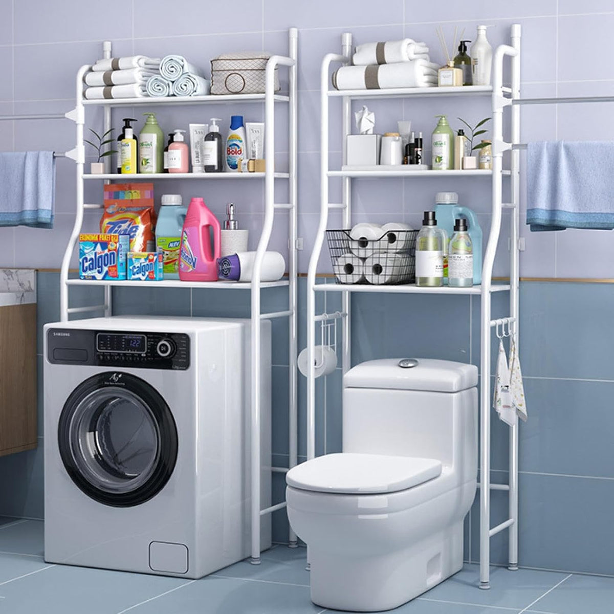 CARLA HOME 3-Tier Over The Toilet Storage Rack with Hooks & Paper Holder for Bathroom & Laundry Room