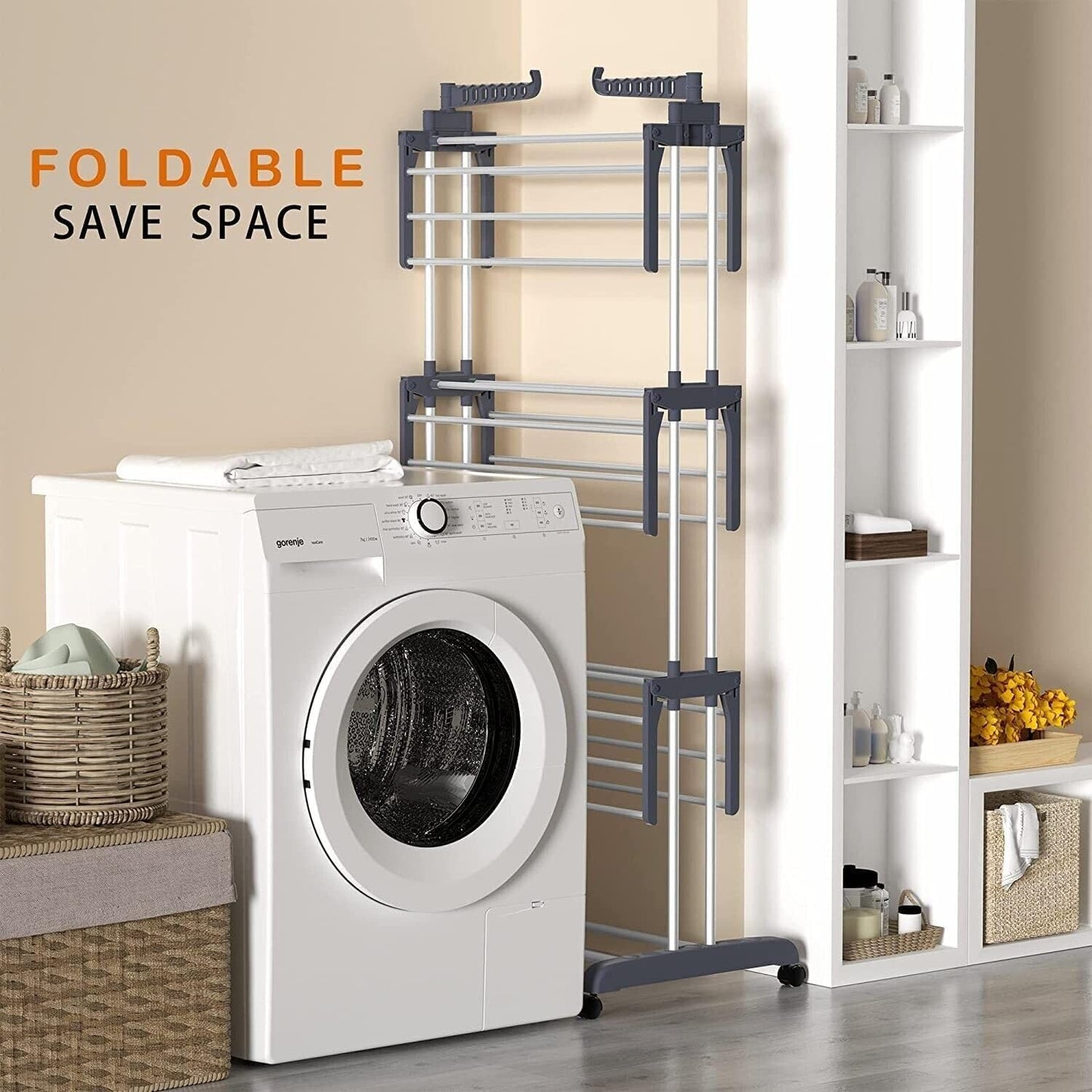 CARLA HOME Folding Clothes Drying Rack with Wheels and Adjustable Side Wings for Laundry Rack and Clothes Storage (Upgraded Model)