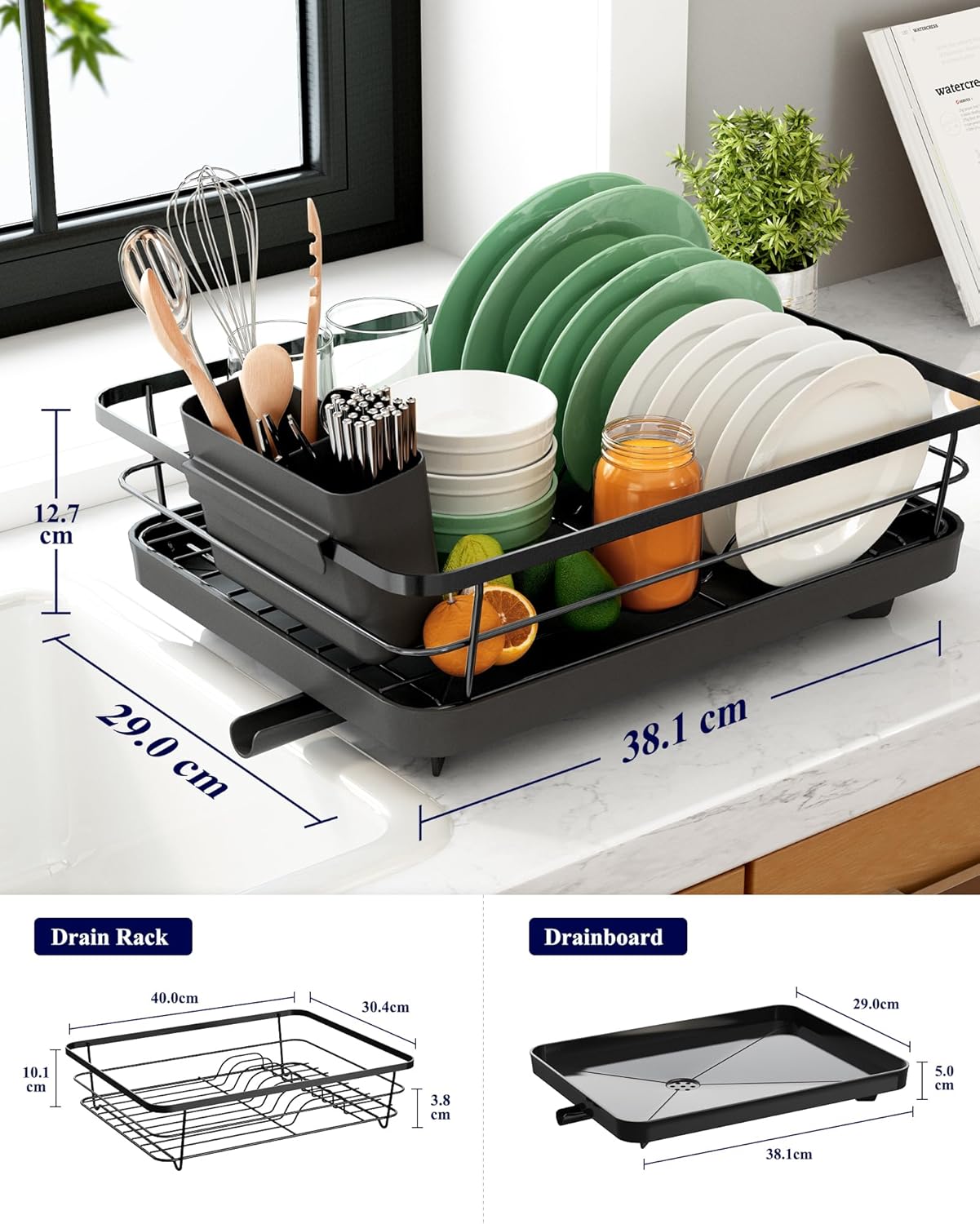 CARLA HOME Dish Drying Rack for Kitchen Counter with Removable Drip Tray, Utensil Holder and Cutlery Organizer