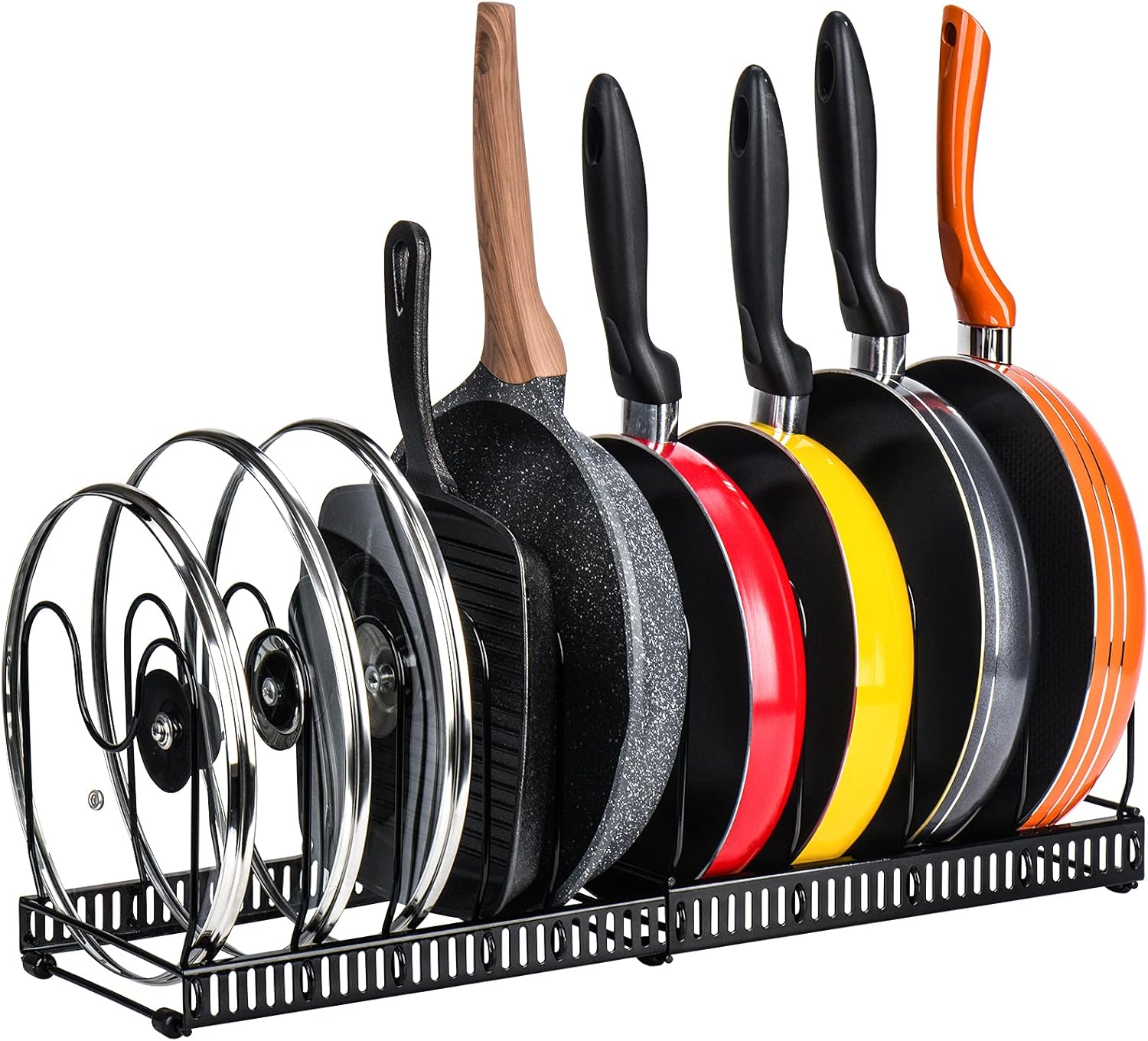CARLA HOME Expandable Pot and Pan Organizer Rack for Cabinet with 10 Adjustable Dividers, Lid & Cookware Holder for Kitchen Pantry or Countertop Storage