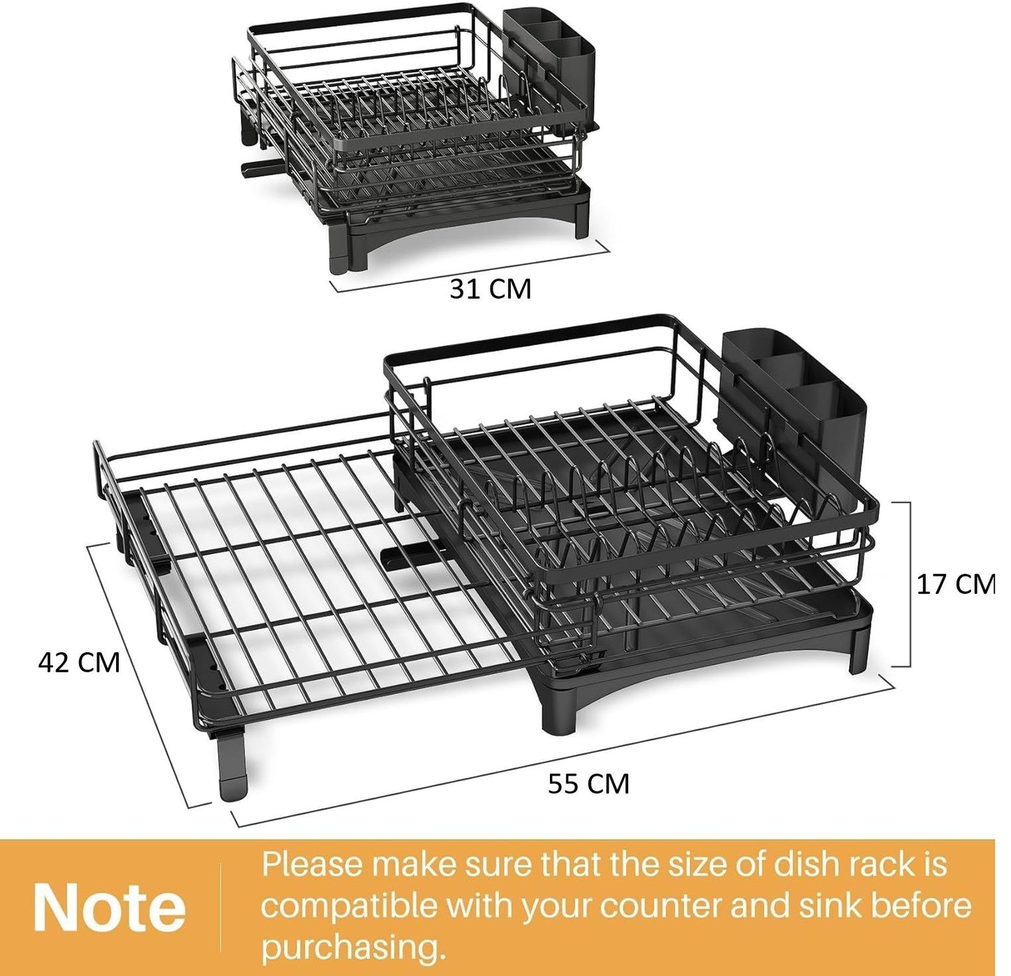 CARLA HOME Expandable Dish Drying Rack with Drainage Spout, Utensil Holder & Drainboardfor Kitchen Countertop Organizer (1 tier)