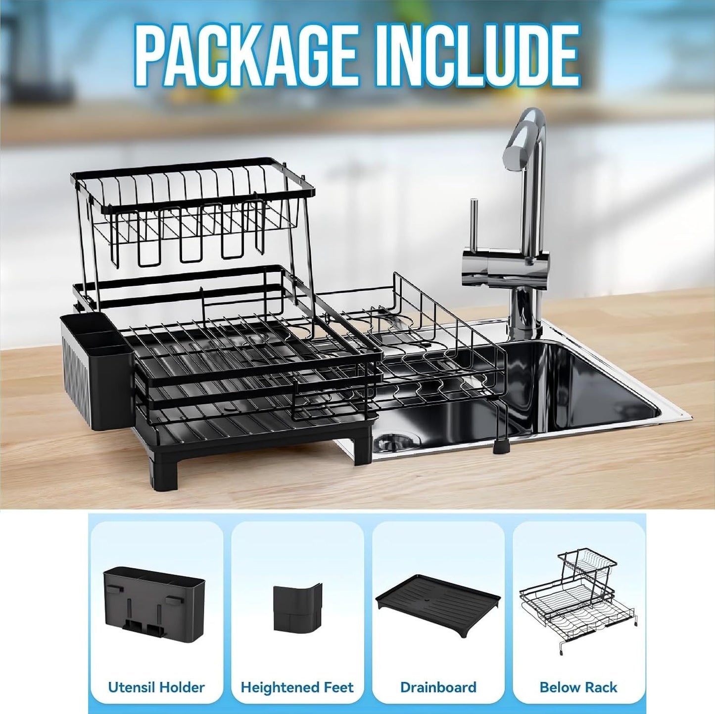 CARLA HOME Expandable Dish Drying Rack with Drainage Spout, Utensil Holder & Drainboardfor Kitchen Countertop Organizer (2 tier)