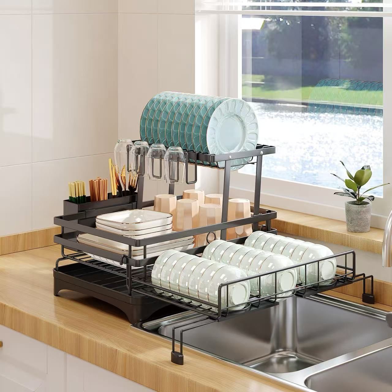 CARLA HOME Expandable Dish Drying Rack with Drainage Spout, Utensil Holder & Drainboardfor Kitchen Countertop Organizer (2 tier)