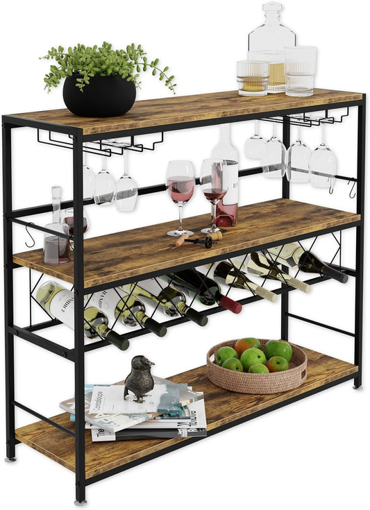 CARLA HOME Large Wine Rack with Glass Holder, Metal Designed Bottle Holder and Wood Countertop for Wine & Champagne