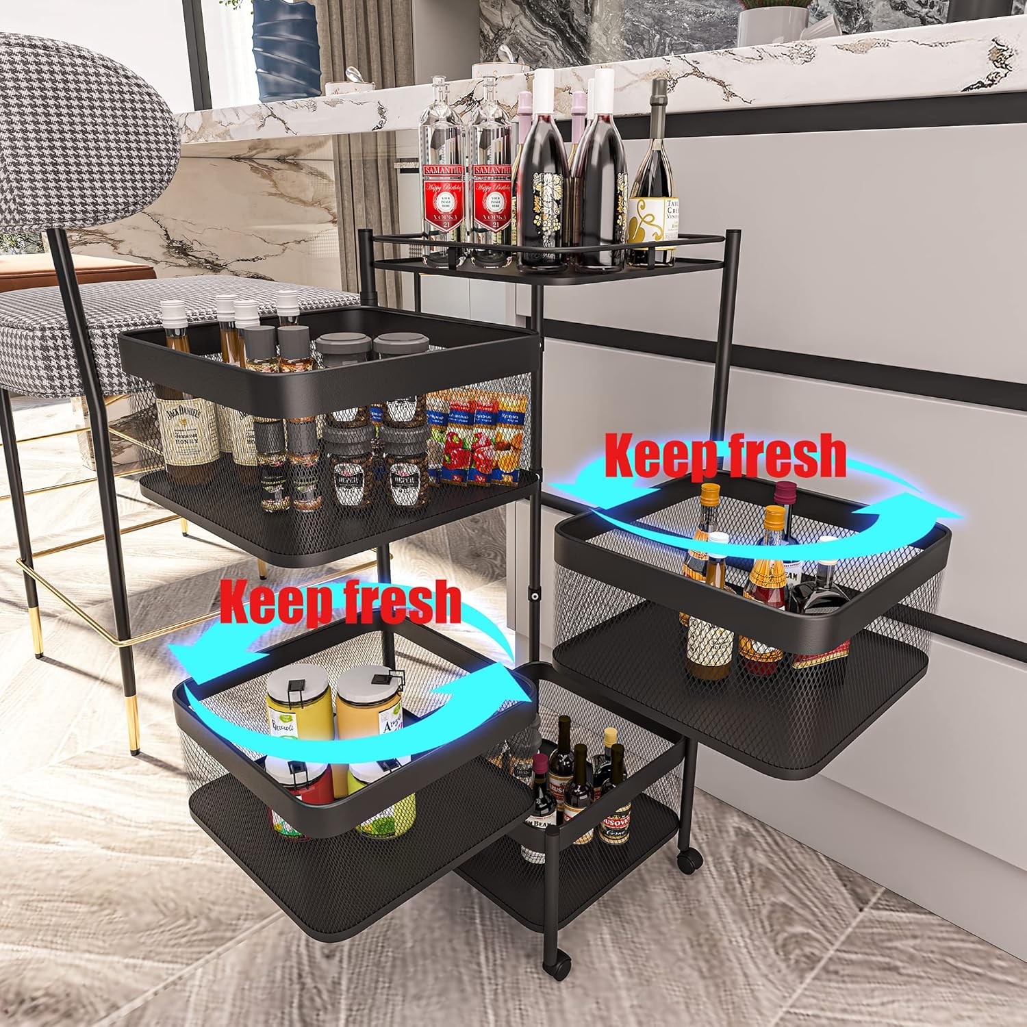 CARLA HOME Metal 5-Tier Rolling Vegetable and Fruit Basket Cart Stand for Kitchen & Storage