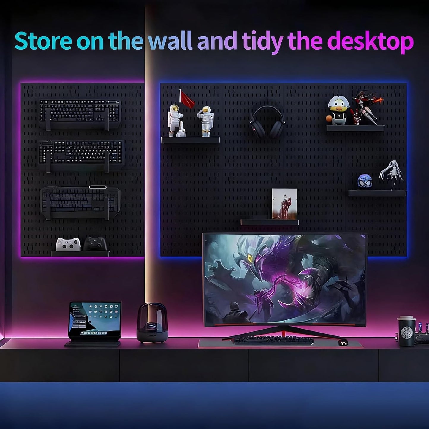 CARLA HOME Pegboard Wall Organizer Kit with 4 Modular Black Pegboards & 19 Accessories for Gaming, Office & Craft Storage (White)