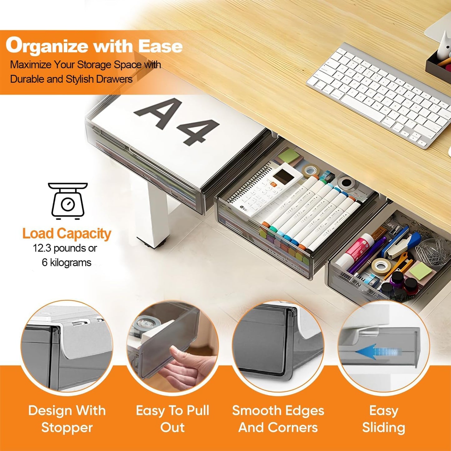 CARLA HOME 3â€‘Pack Under Desk Storage Drawers Hidden Pullâ€‘Out Organizer for Office & Home