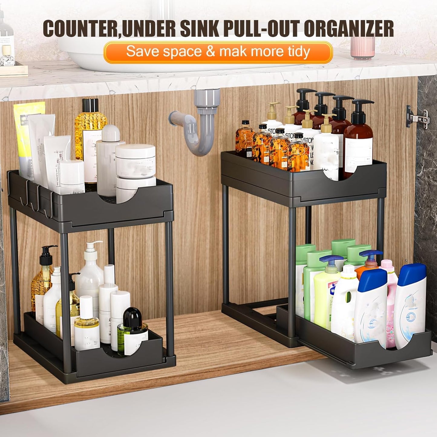 CARLA HOME 2 Pack Under Sink Organizer with Pull-Out Basket and Hooks for Bathroom & Kitchen