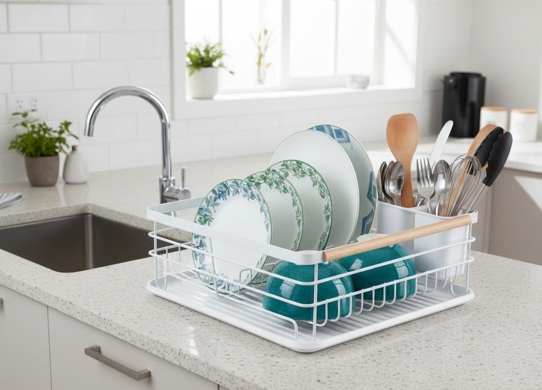 CARLA HOME Dish Drying Rack with Wooden Handles, Removable Cutlery Holder & Drainboard for Kitchen Countertop