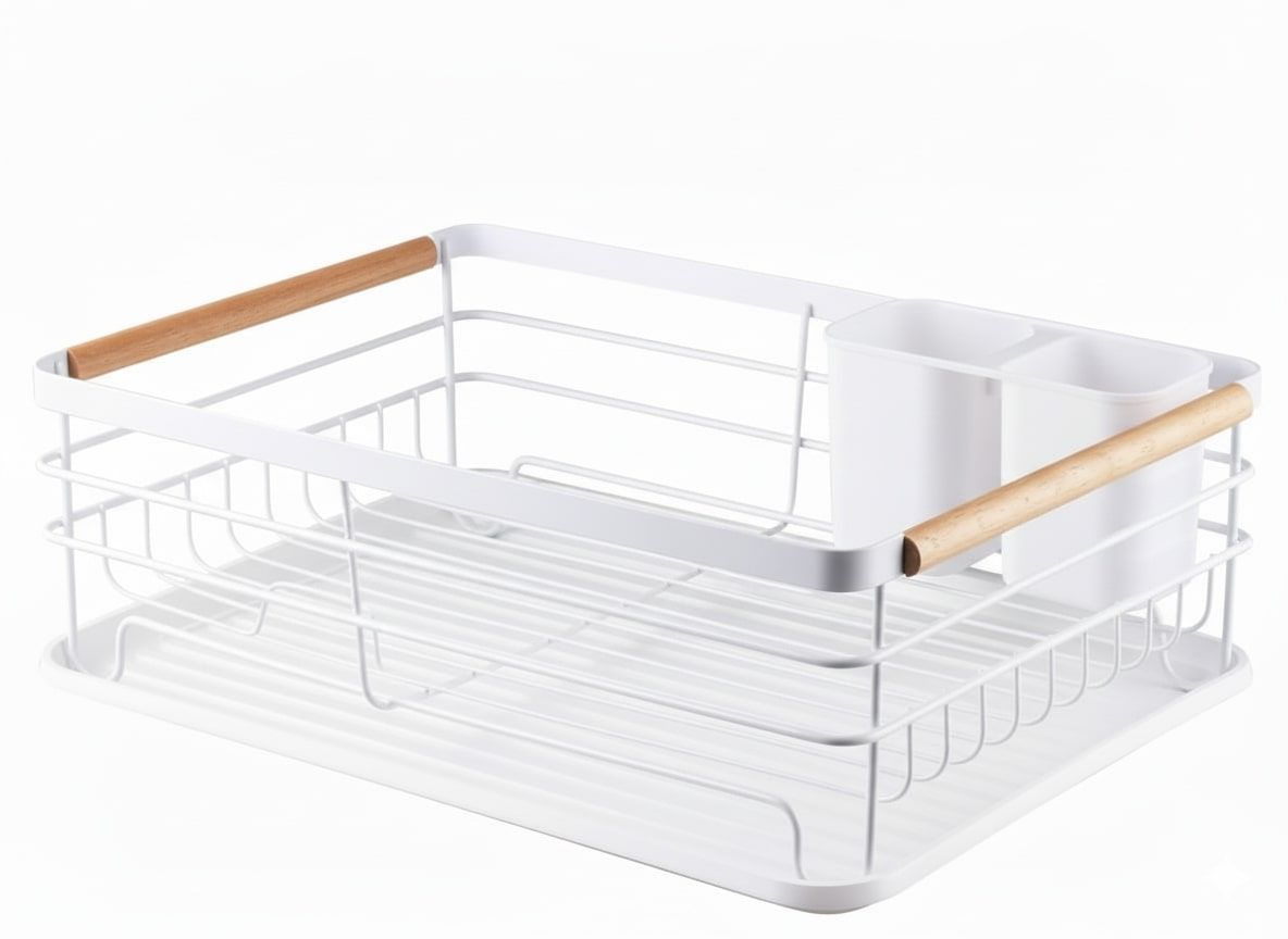 CARLA HOME Dish Drying Rack with Wooden Handles, Removable Cutlery Holder & Drainboard for Kitchen Countertop