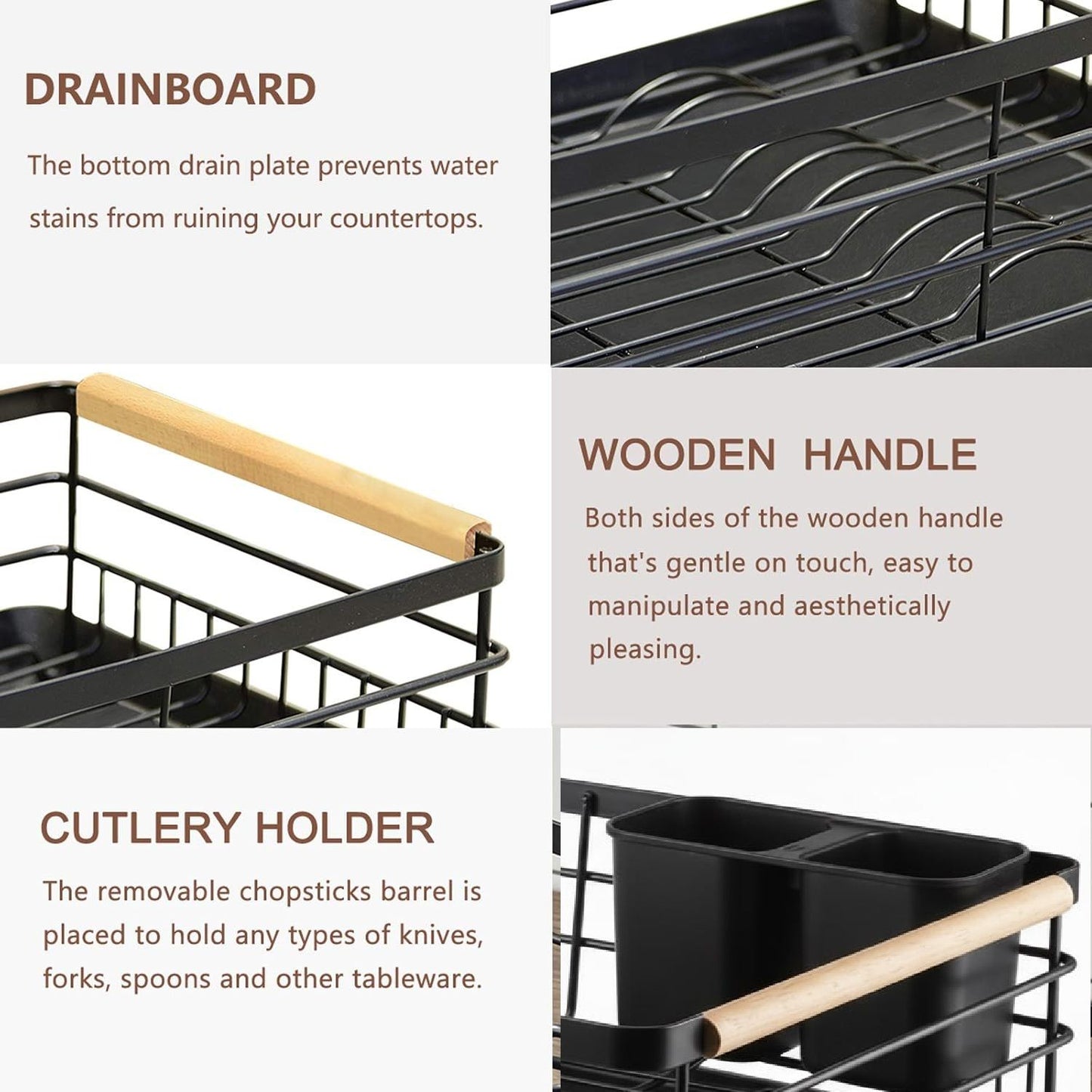 CARLA HOME Dish Drying Rack with Wooden Handles, Removable Cutlery Holder & Drainboard for Kitchen Countertop