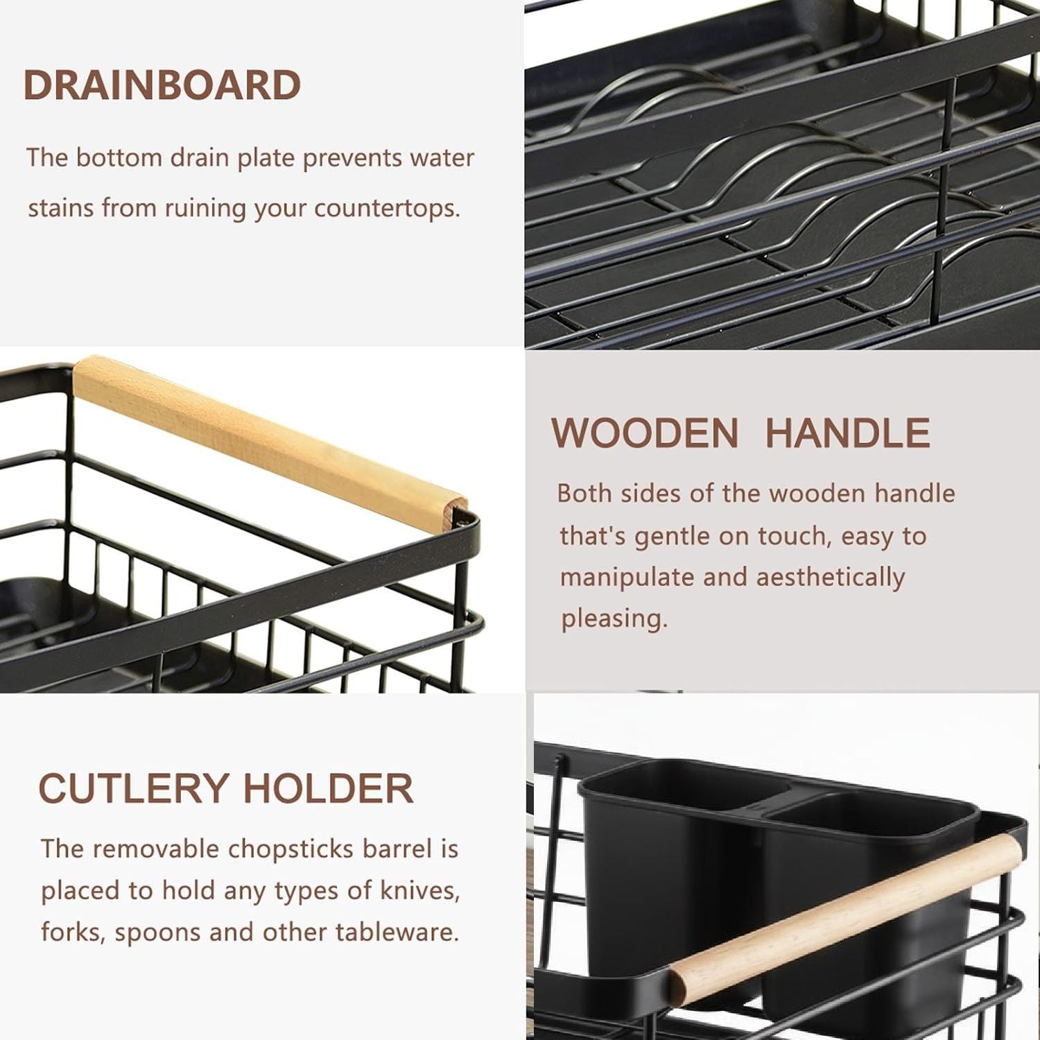 CARLA HOME Dish Drying Rack with Wooden Handles, Removable Cutlery Holder & Drainboard for Kitchen Countertop