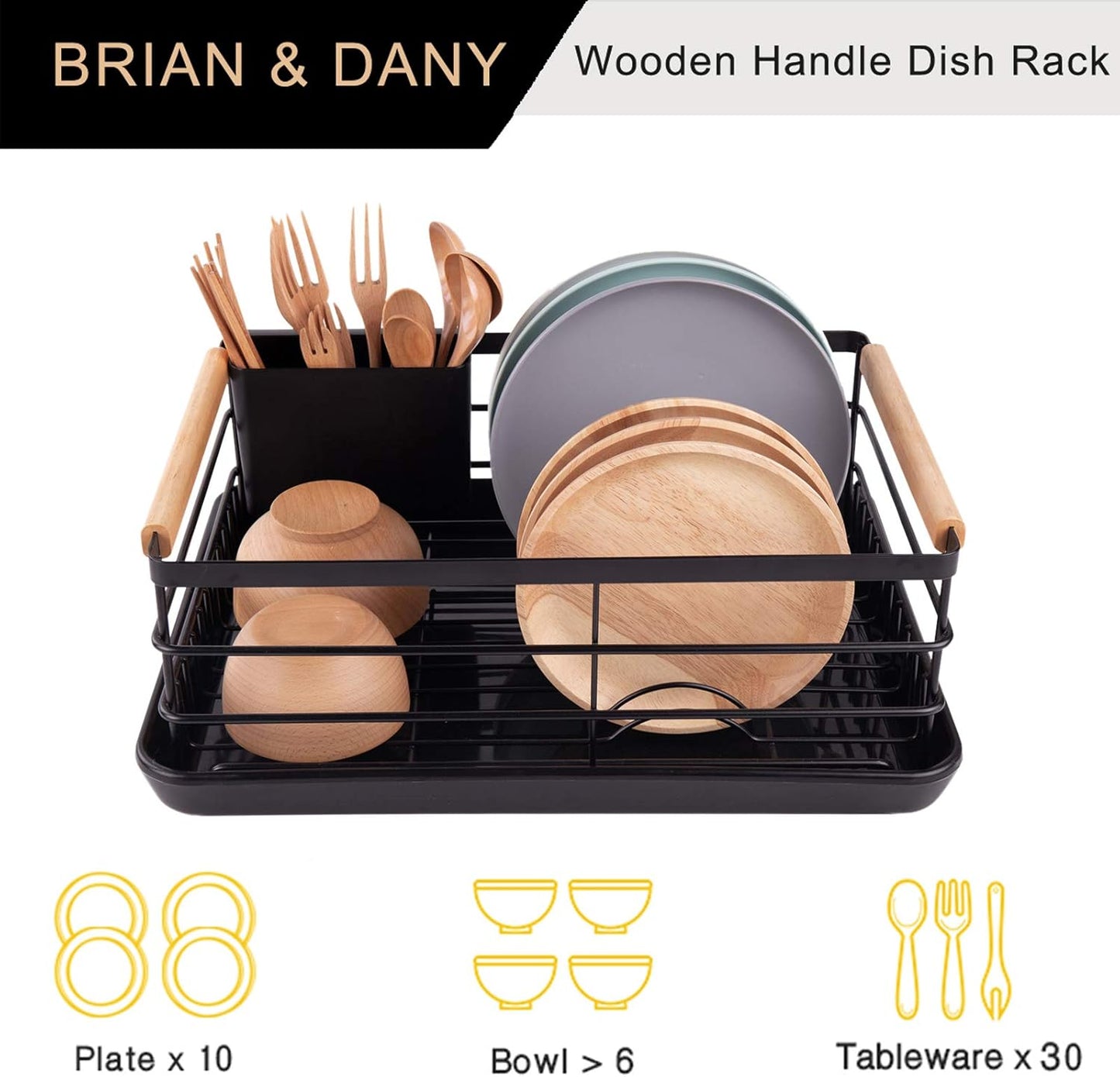 CARLA HOME Dish Drying Rack with Wooden Handles, Removable Cutlery Holder & Drainboard for Kitchen Countertop