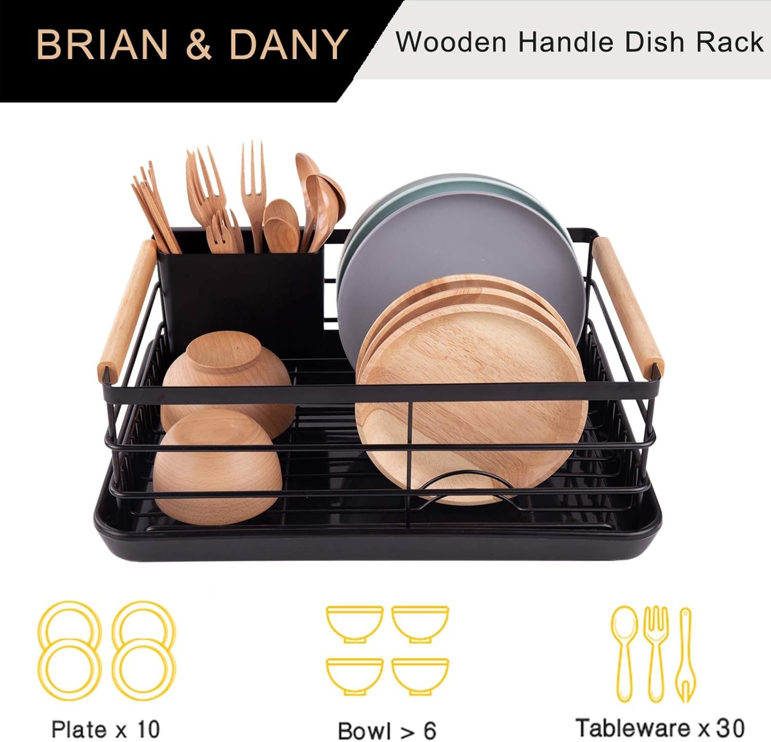 CARLA HOME Dish Drying Rack with Wooden Handles, Removable Cutlery Holder & Drainboard for Kitchen Countertop