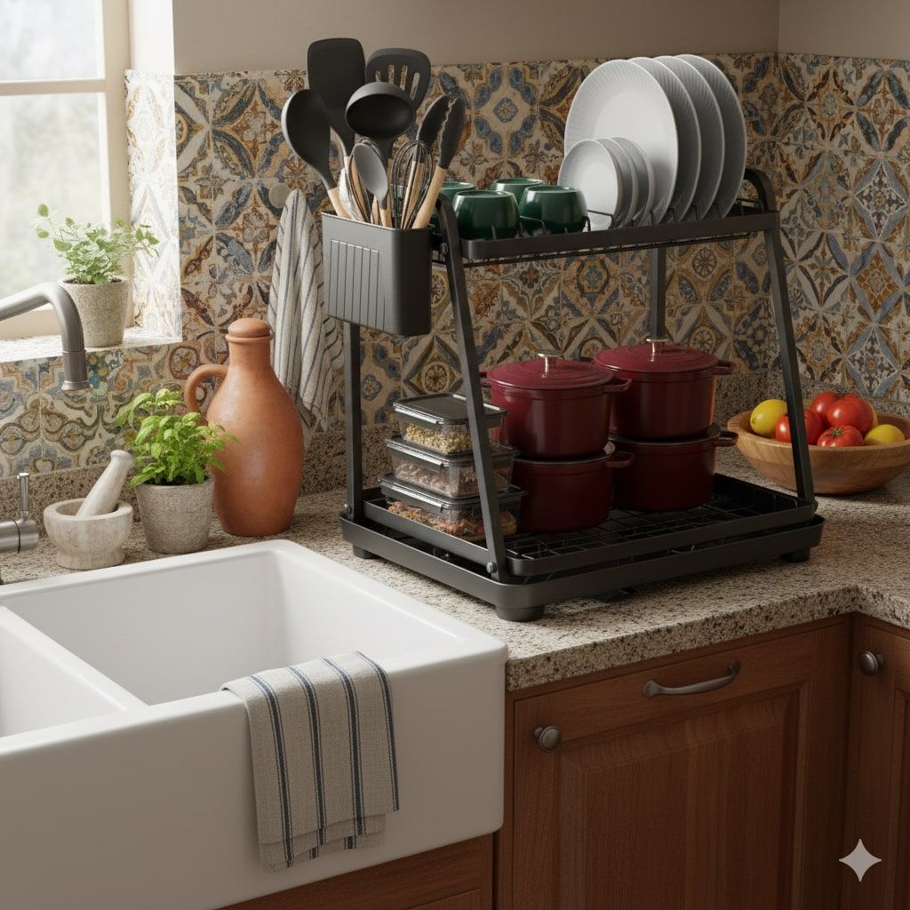 CARLA HOME 2-Tier Dish Drying Rack for Kitchen Countertop with Drainage Tray, Utensil Holder, Cutting Board Slot & Cup Hooks