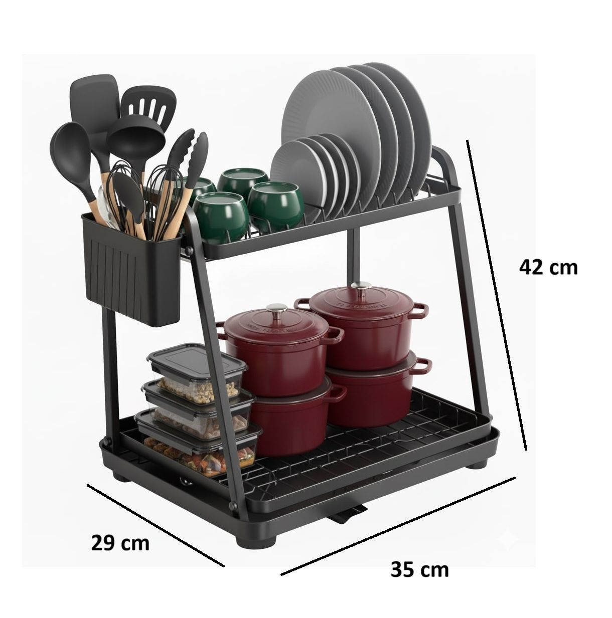 CARLA HOME 2-Tier Dish Drying Rack for Kitchen Countertop with Drainage Tray, Utensil Holder, Cutting Board Slot & Cup Hooks