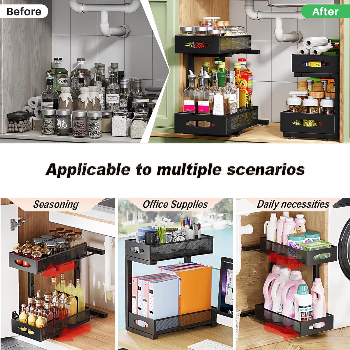 CARLA HOME 2 Tier Under Sink Organizer Pull Out Sliding Cabinet Storage Shelf with Height Adjustable for Kitchen, Bathroom or Laundry Room (Black)