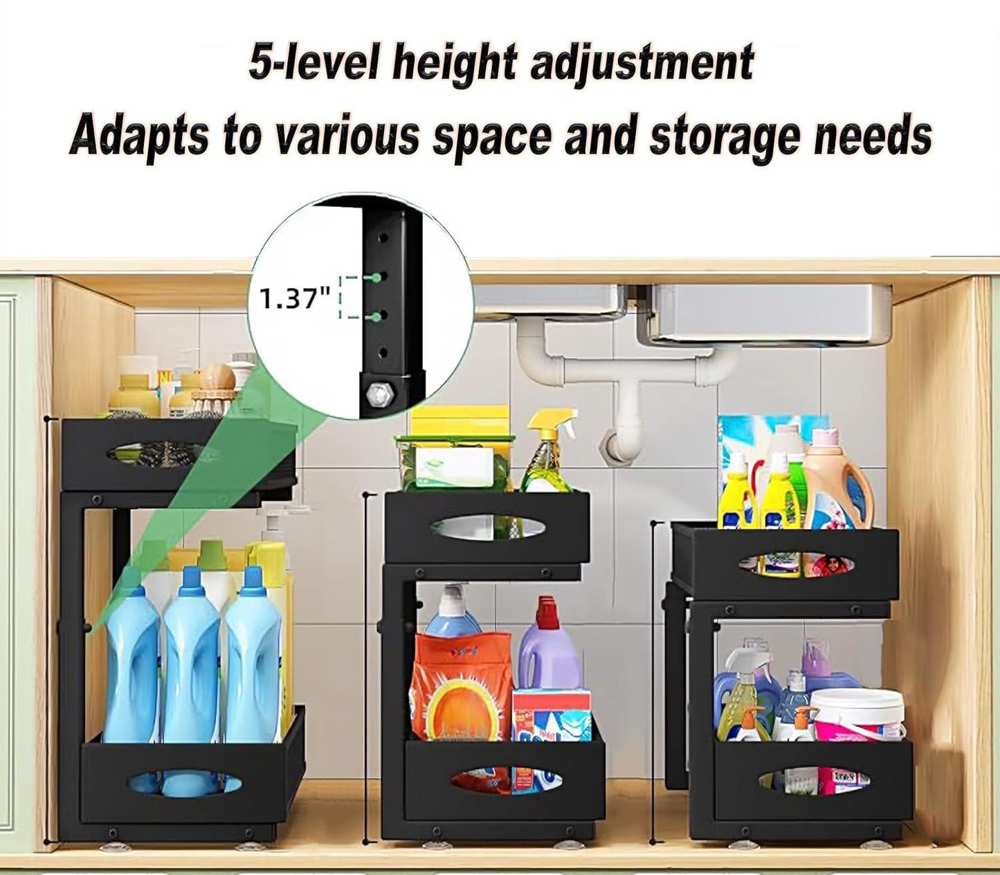 CARLA HOME 2 Tier Under Sink Organizer Pull Out Sliding Cabinet Storage Shelf with Height Adjustable for Kitchen, Bathroom or Laundry Room (Black)