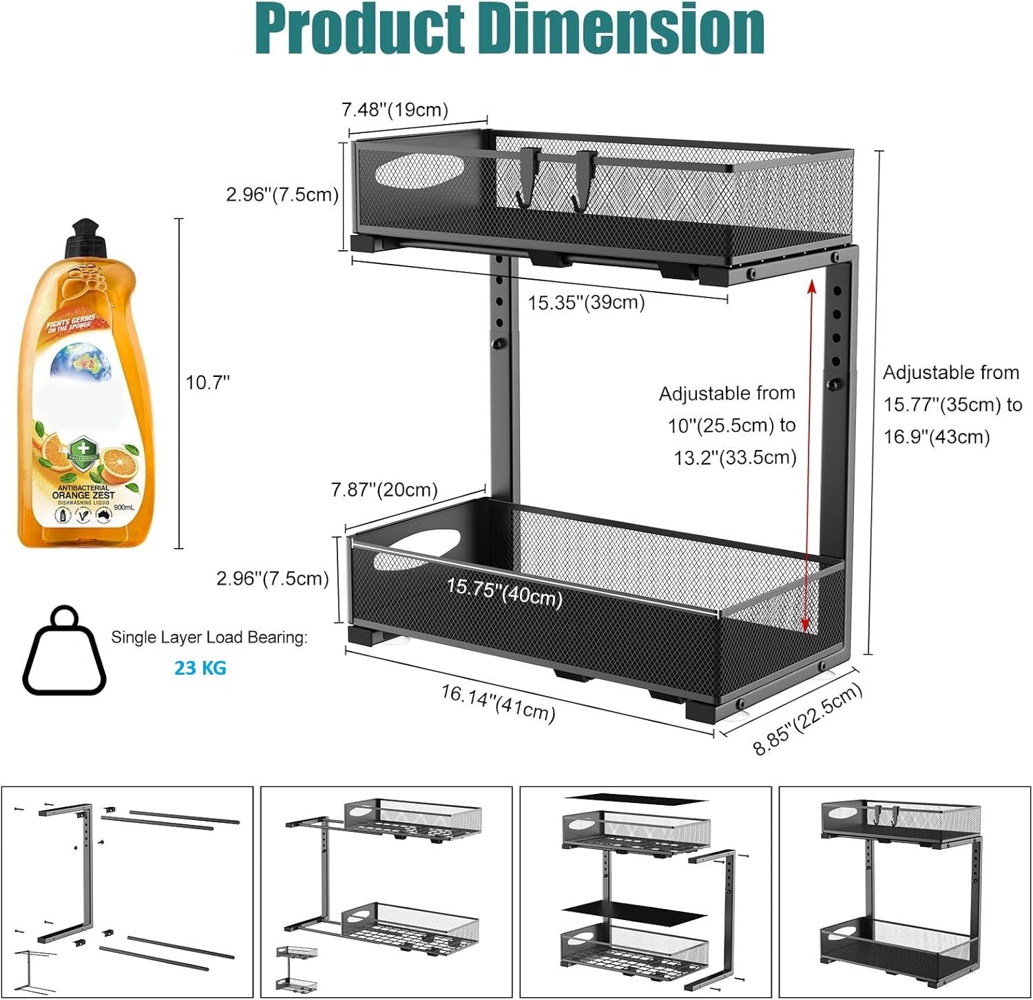 CARLA HOME 2 Tier Under Sink Organizer Pull Out Sliding Cabinet Storage Shelf with Height Adjustable for Kitchen, Bathroom or Laundry Room (Black)