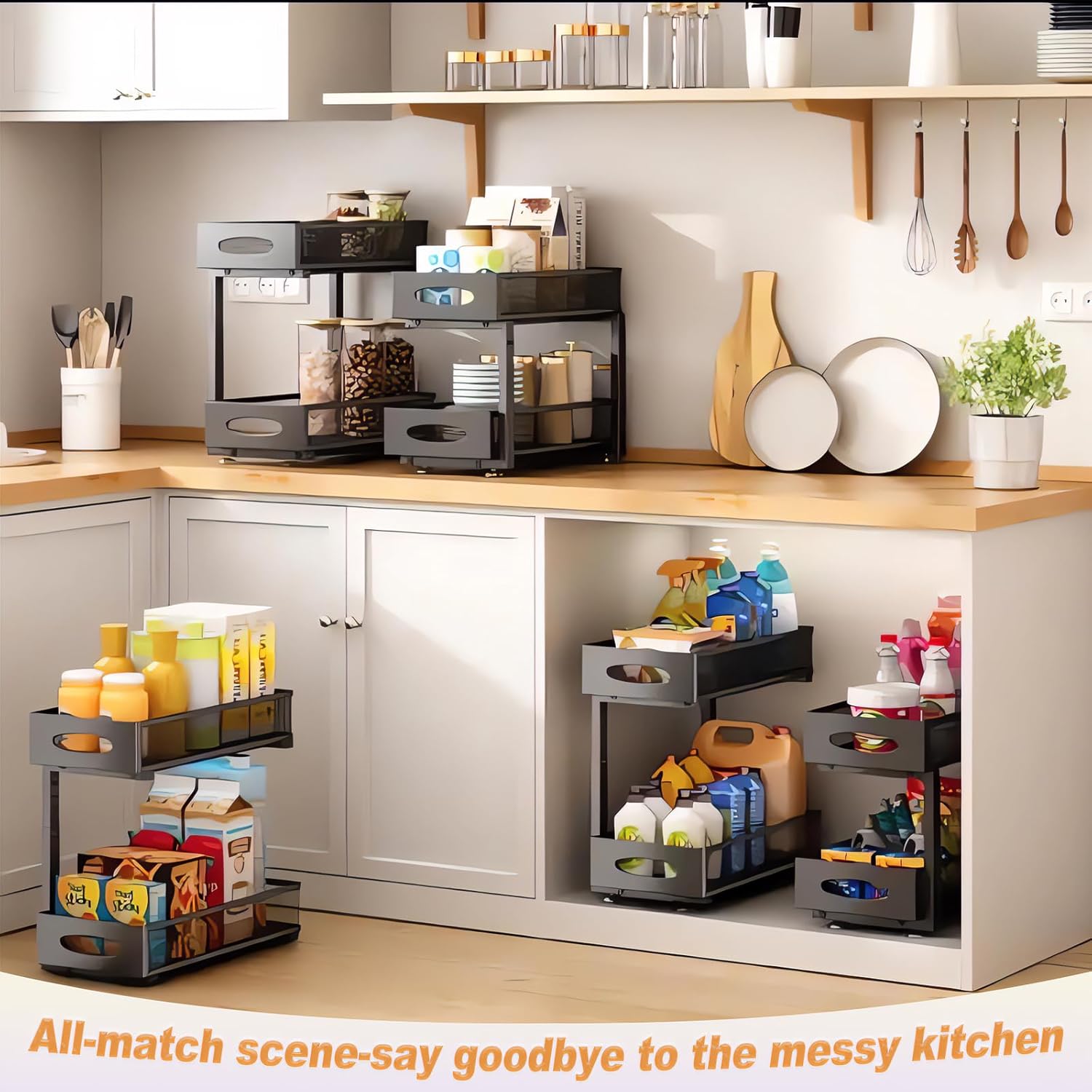 CARLA HOME 2 Tier Under Sink Organizer Pull Out Sliding Cabinet Storage Shelf with Height Adjustable for Kitchen, Bathroom or Laundry Room (Black)