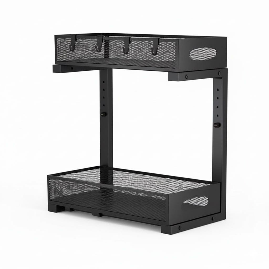 CARLA HOME 2 Tier Under Sink Organizer Pull Out Sliding Cabinet Storage Shelf with Height Adjustable for Kitchen, Bathroom or Laundry Room (Black)