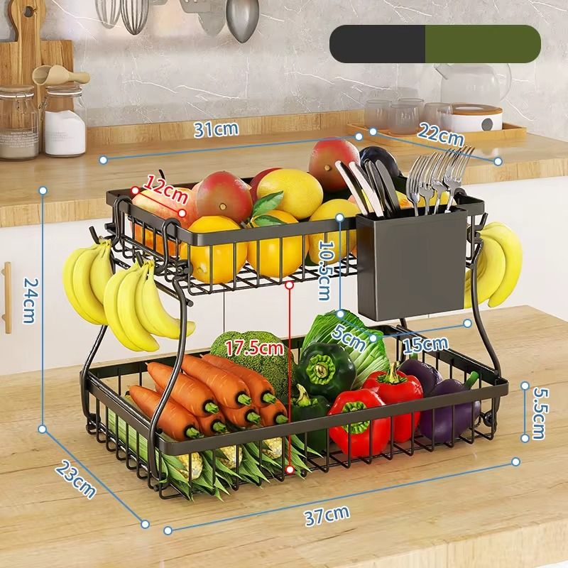 CARLA HOME 2-Tier Fruit Basket Metal Storage Bowl Kitchen Counter Organizer with Handles for Fruits, Vegetables, Snacks & Bread