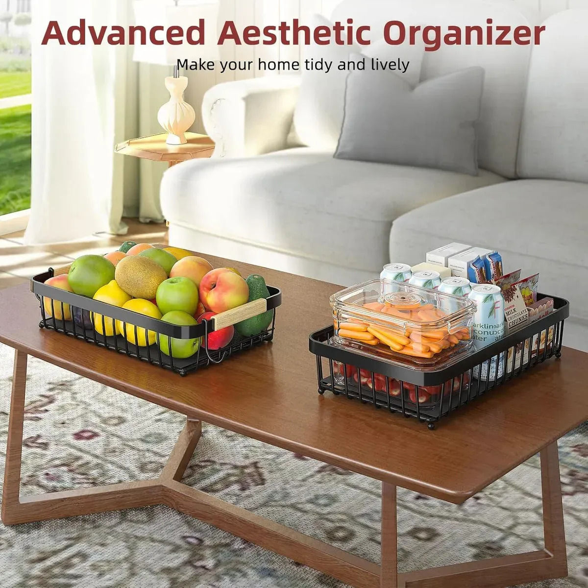 CARLA HOME 2-Tier Fruit Basket Metal Storage Bowl Kitchen Counter Organizer with Handles for Fruits, Vegetables, Snacks & Bread