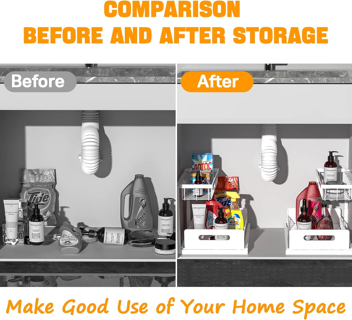 CARLA HOME 2 Tier Under Sink Organiser with Sliding Drawers for Kitchen & Bathroom