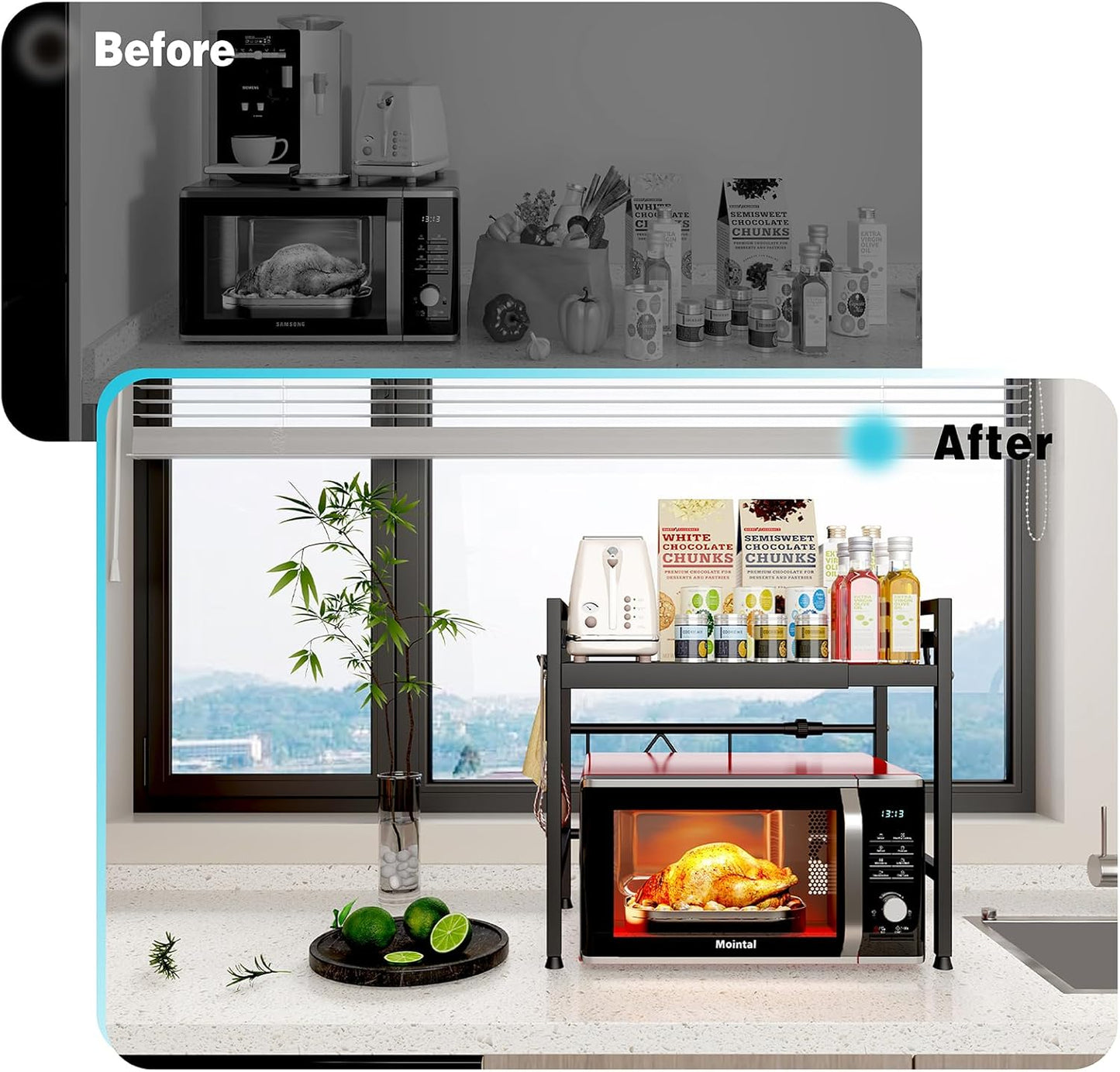 CARLA HOME 2-Tier Microwave Oven Rack with Adjustable Metal Kitchen Shelf Stand for Countertop Storage and 6 Hooks for Utensils (Black)