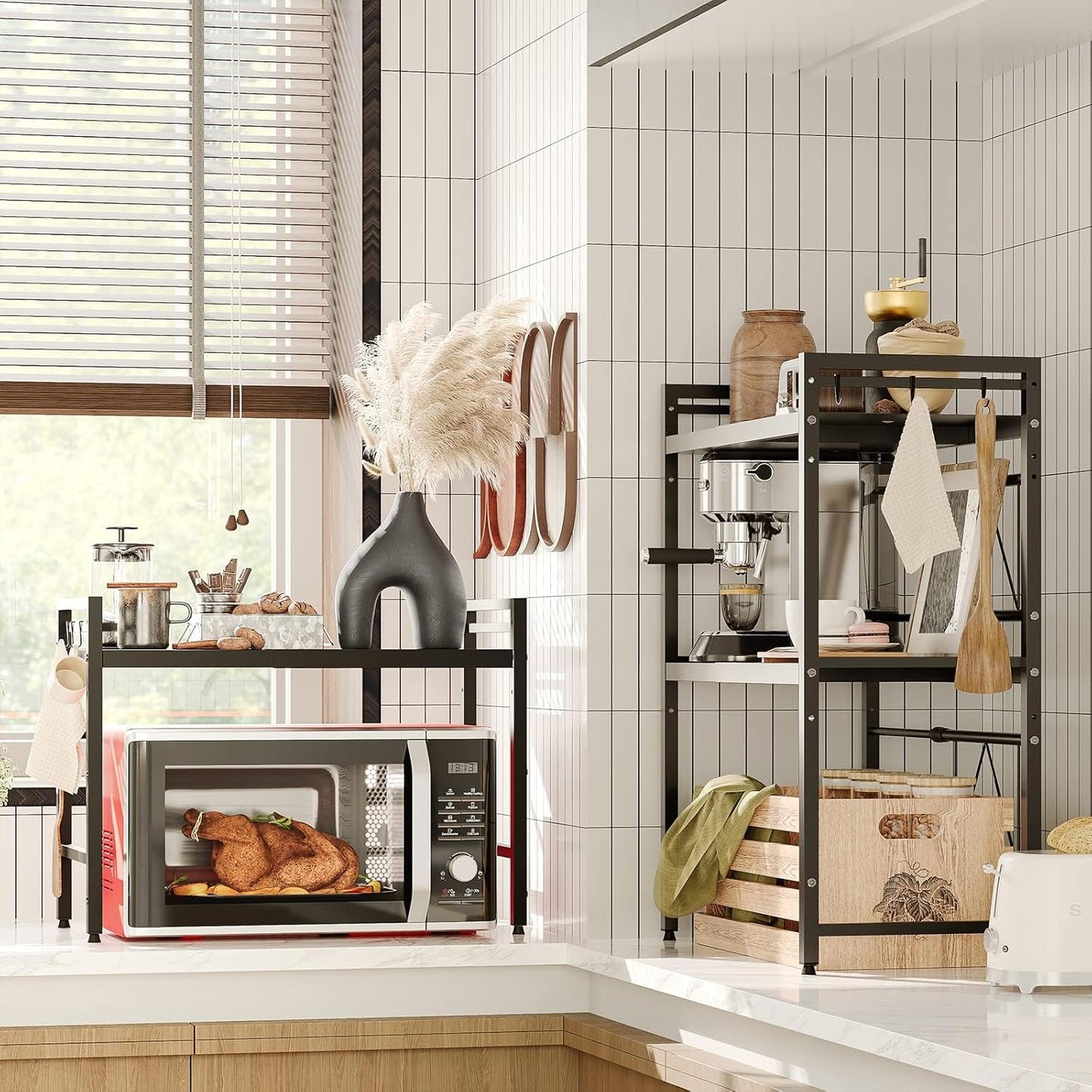 CARLA HOME 2-Tier Microwave Oven Rack with Adjustable Metal Kitchen Shelf Stand for Countertop Storage and 6 Hooks for Utensils (Black)