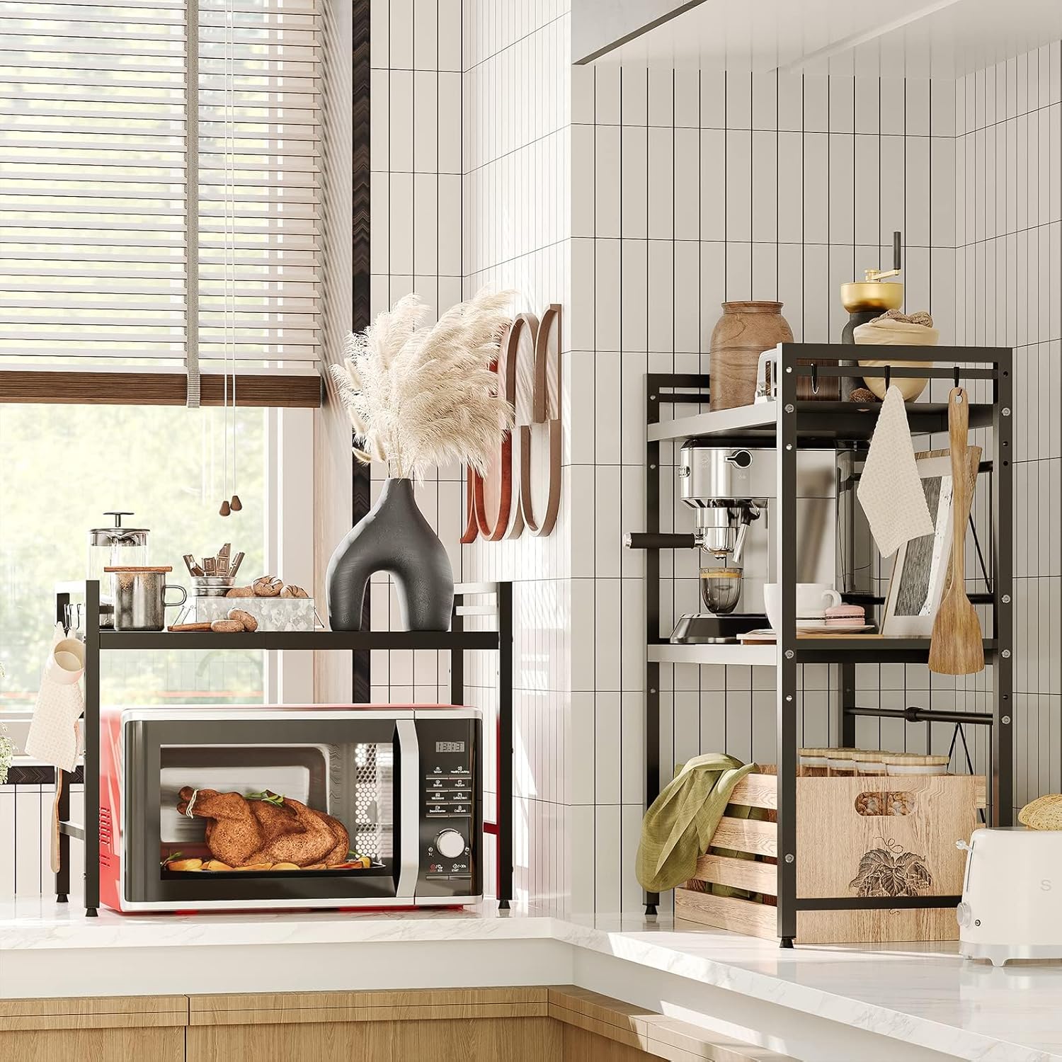 CARLA HOME 2-Tier Microwave Oven Rack with Adjustable Metal Kitchen Shelf Stand for Countertop Storage and 6 Hooks for Utensils (Black)