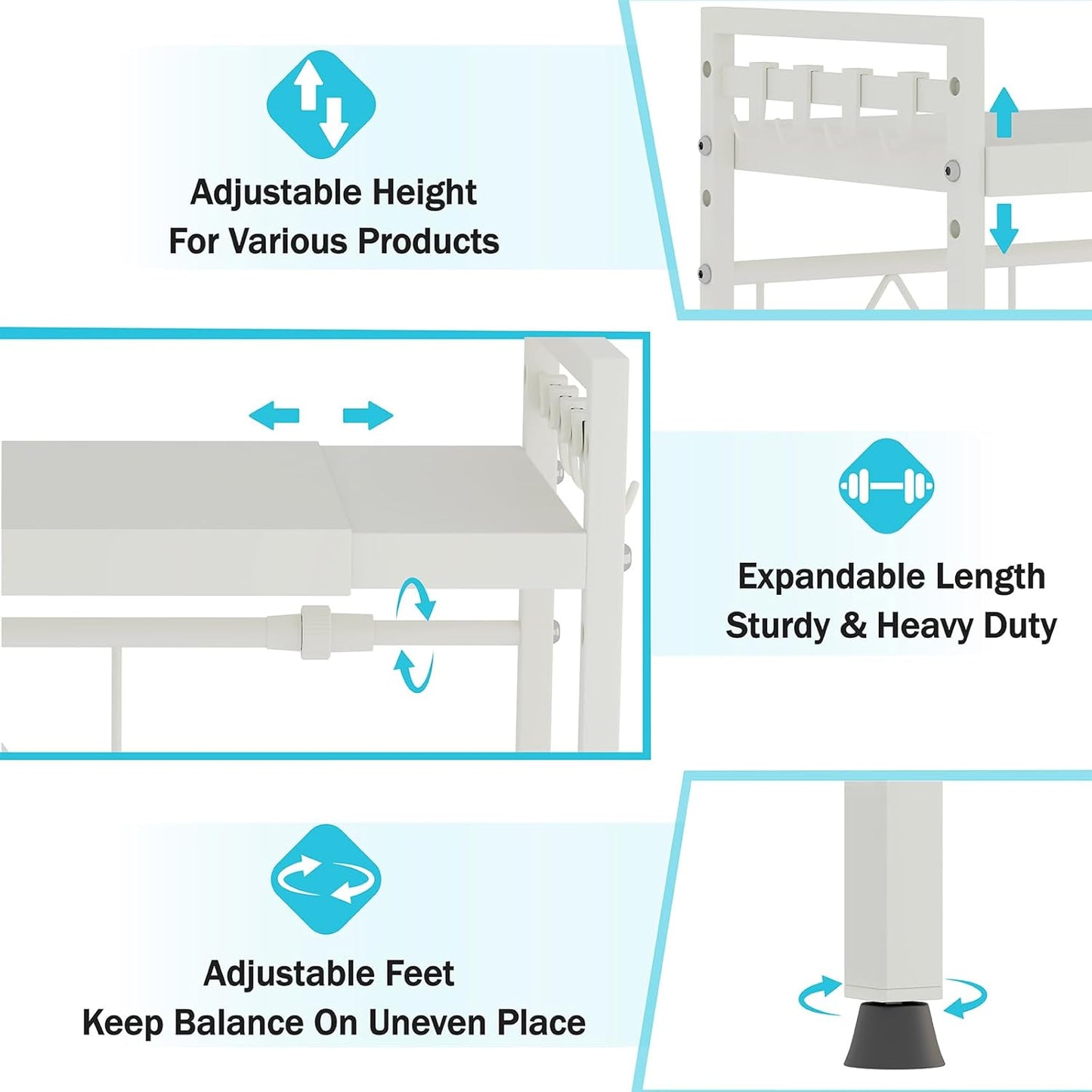 CARLA HOME 2-Tier Microwave Oven Rack with Adjustable Metal Kitchen Shelf Stand for Countertop Storage and 6 Hooks for Utensils (White)