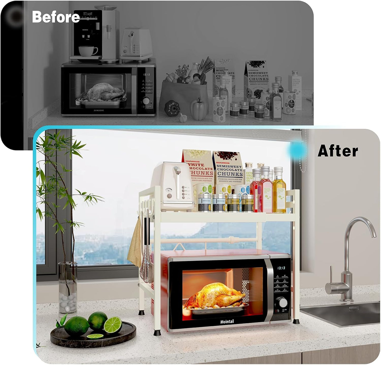 CARLA HOME 2-Tier Microwave Oven Rack with Adjustable Metal Kitchen Shelf Stand for Countertop Storage and 6 Hooks for Utensils (White)