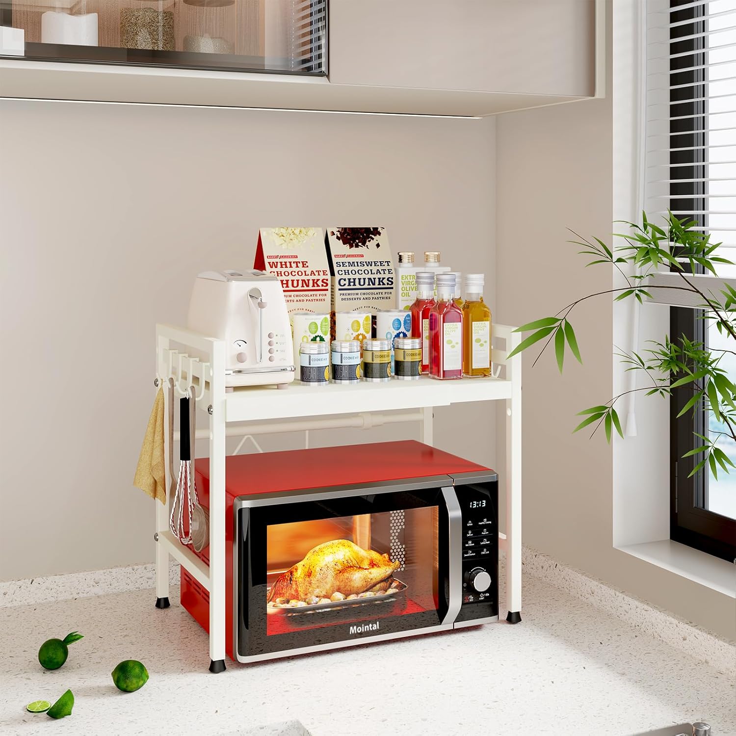 CARLA HOME 2-Tier Microwave Oven Rack with Adjustable Metal Kitchen Shelf Stand for Countertop Storage and 6 Hooks for Utensils (White)