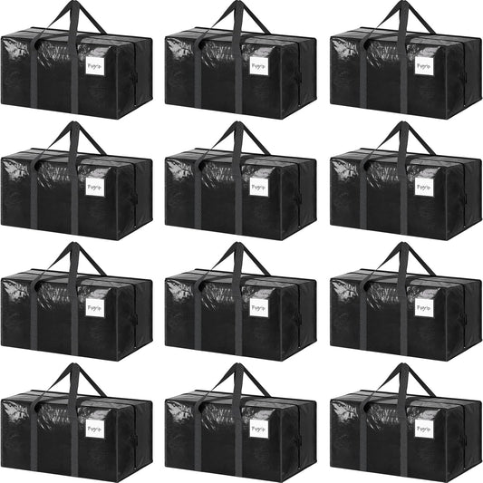 CARLA HOME 12-Pack Large Moving Storage Bags with Zippers & Handles with 95 Liters Capacity for Space Saving, Travel, Camping & Organization (Black)