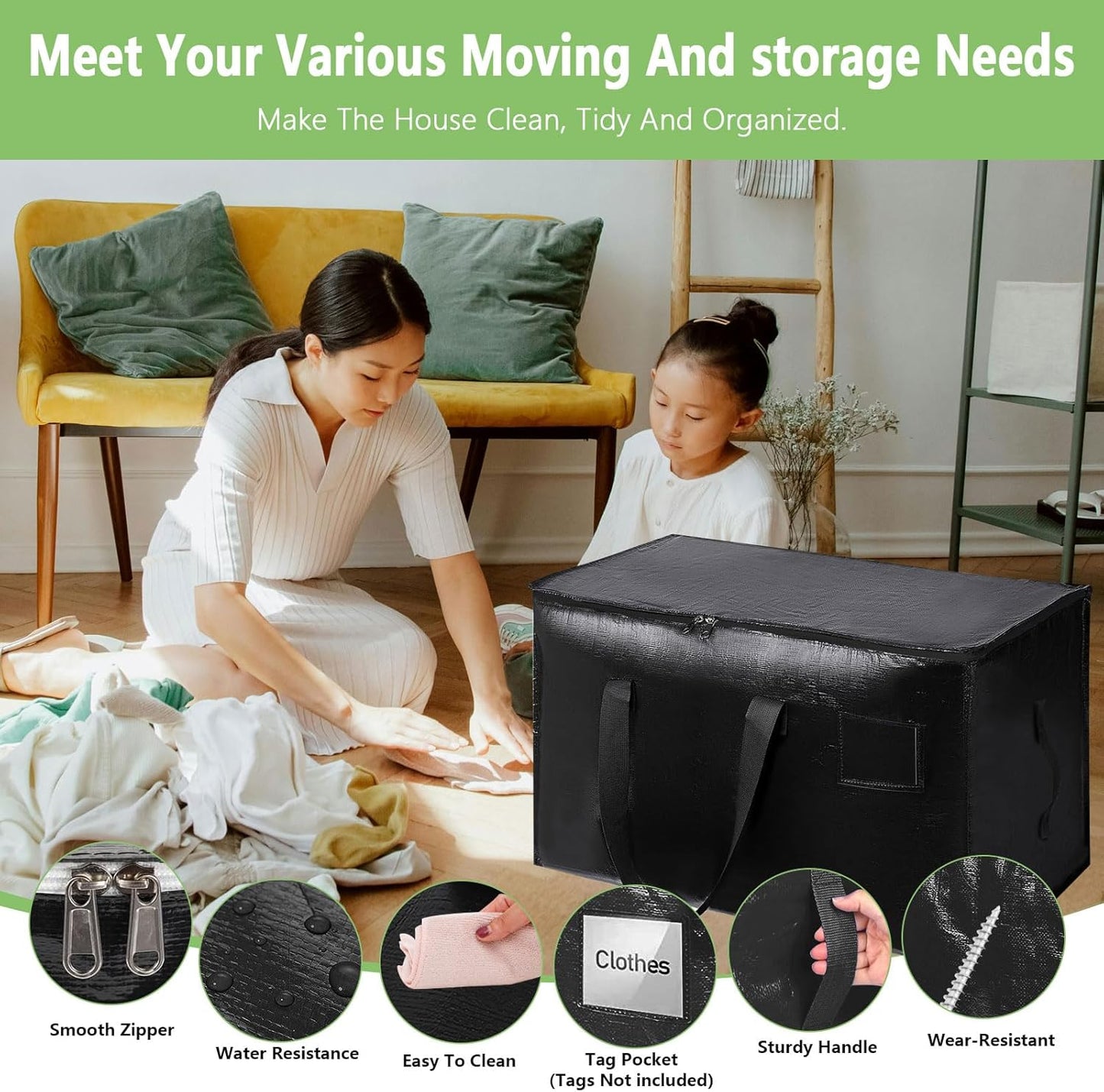 CARLA HOME 12-Pack Large Moving Storage Bags with Zippers & Handles with 95 Liters Capacity for Space Saving, Travel, Camping & Organization (Black)